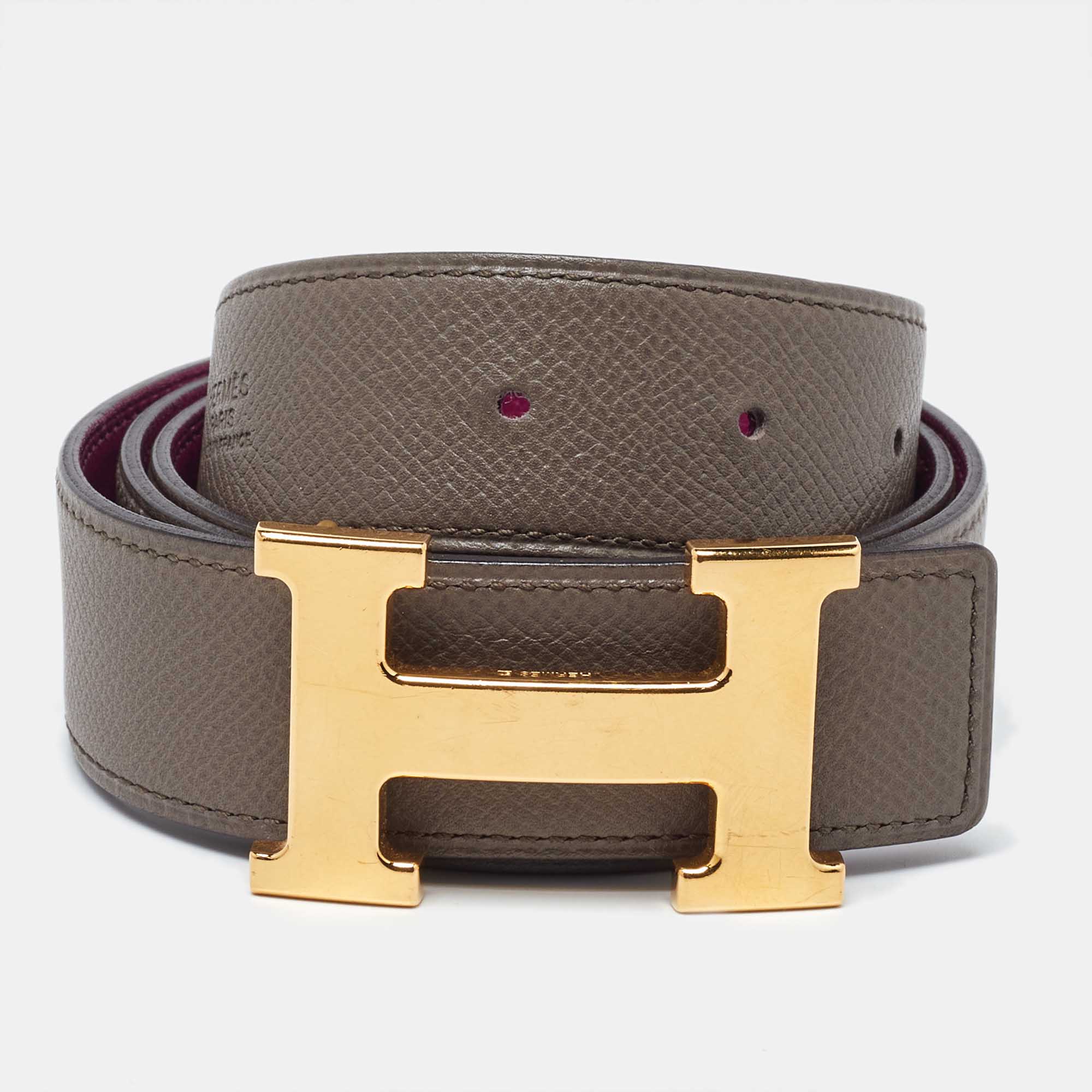

Hermes Taupe/Tosca Swift and Epsom Leather H Buckle Reversible Belt, Pink