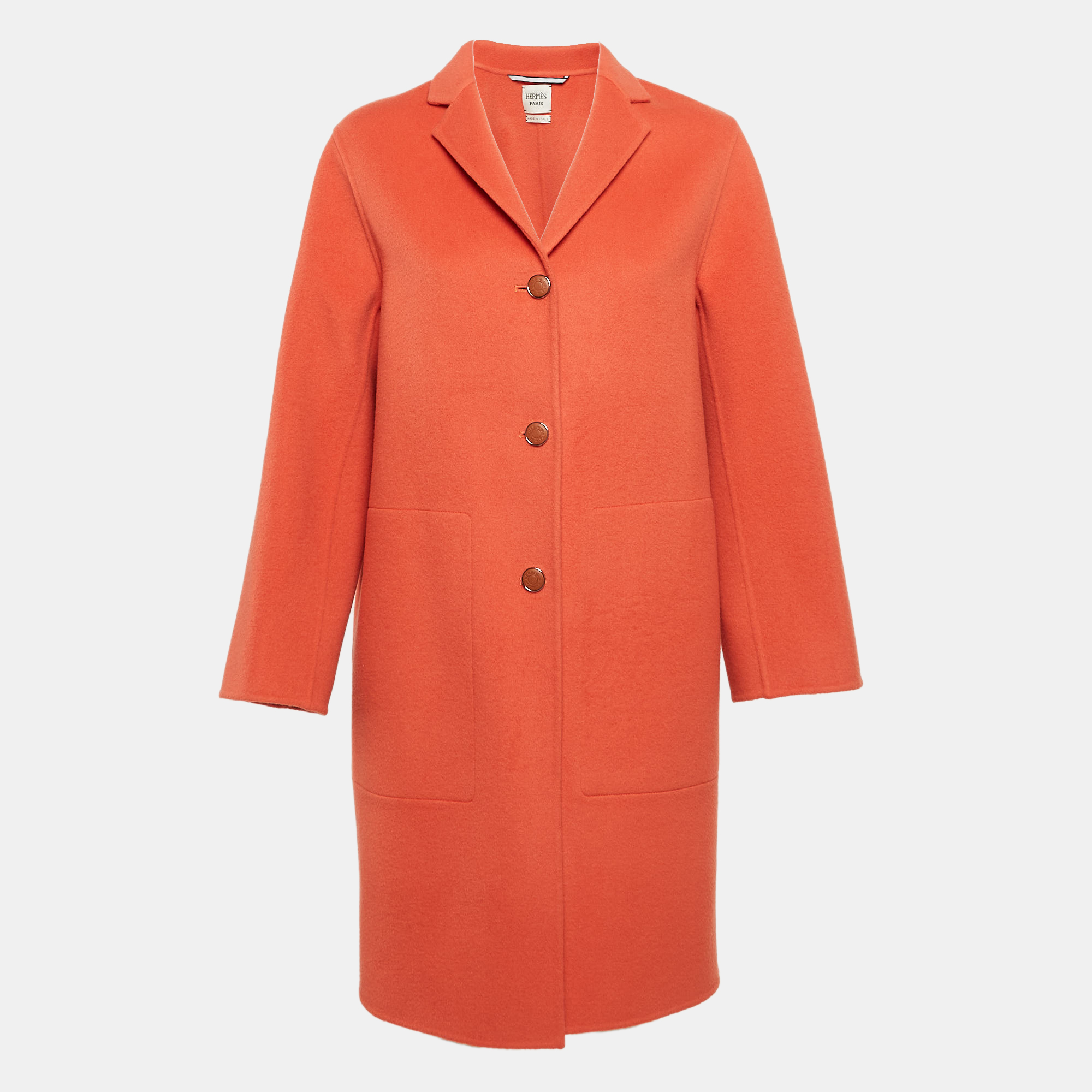 

Hermes Orange Felt Single Breasted Mid-Length Coat M