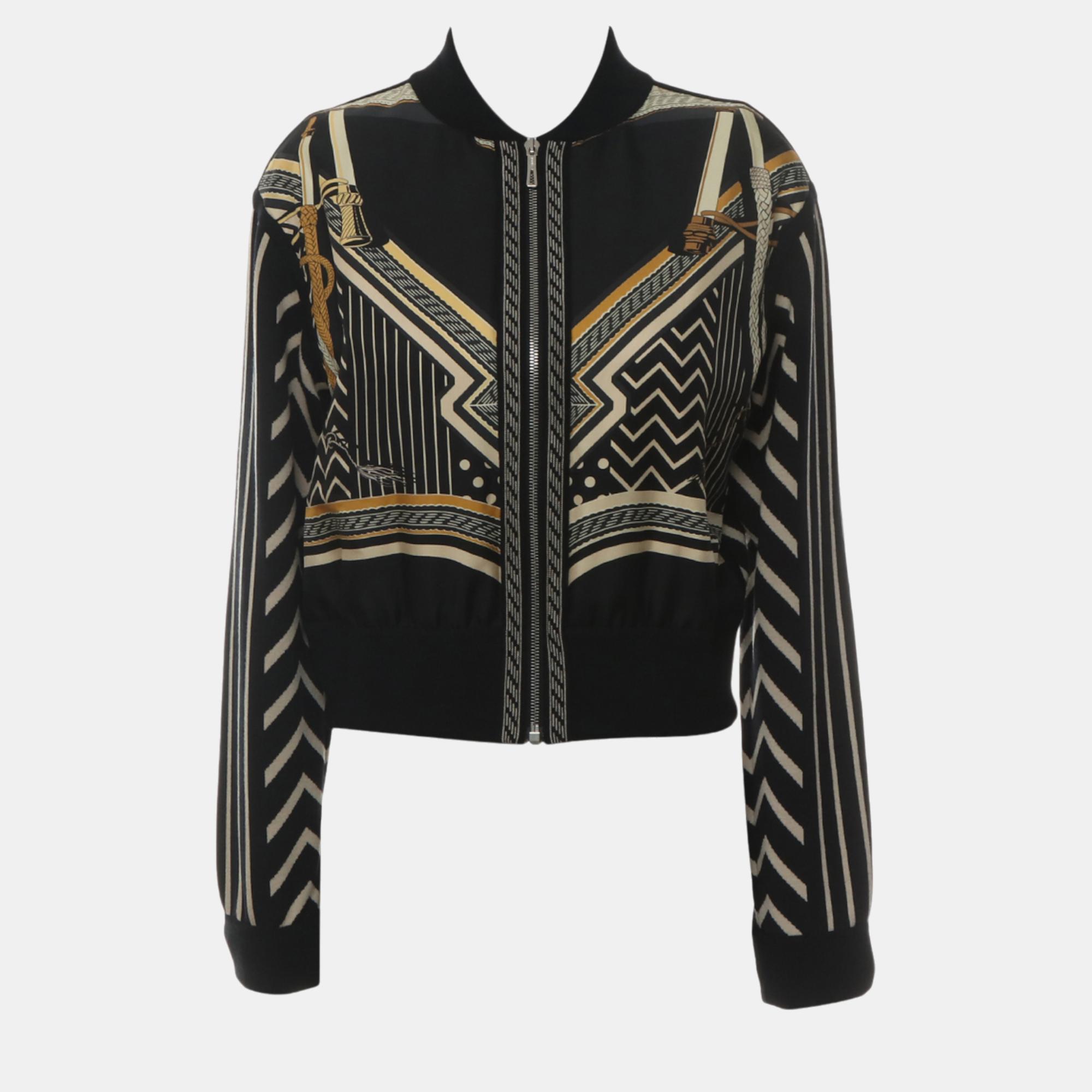 

Hermes Virgin Wool Silk Printed Bomber Jacket, Black