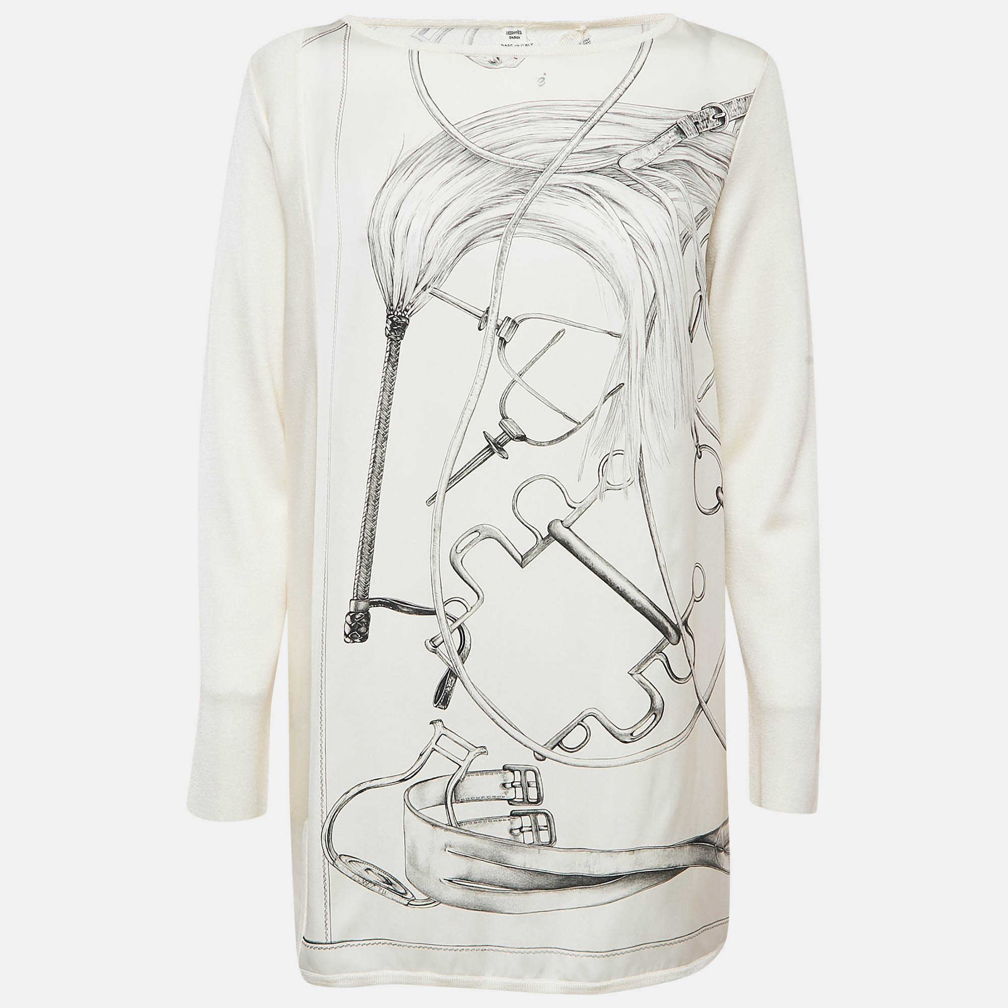 

Hermes White Printed Silk and Knit Projets Carre au Crayon Top L