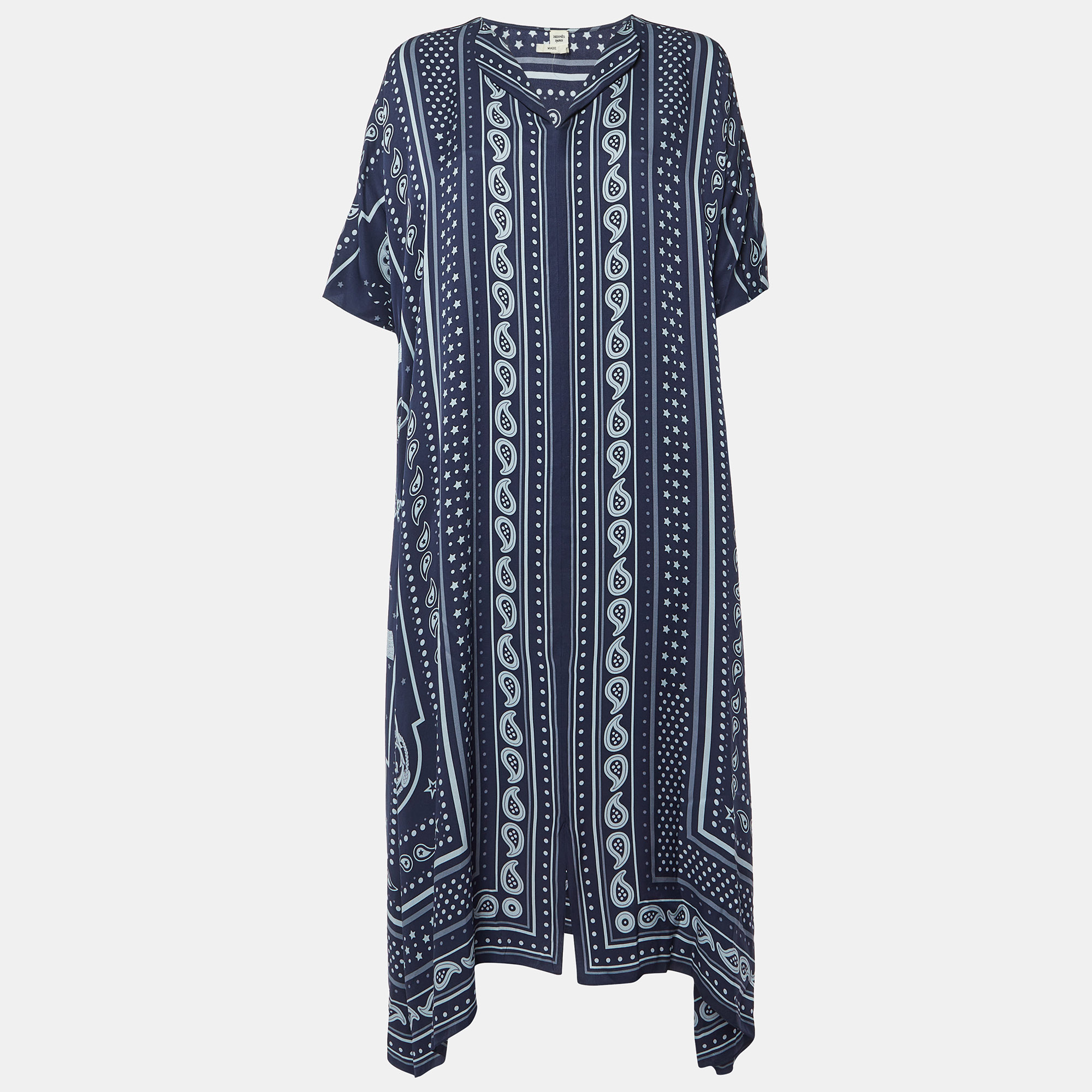 

Hermes Navy Blue Printed Silk Kaftan Midi Dress M