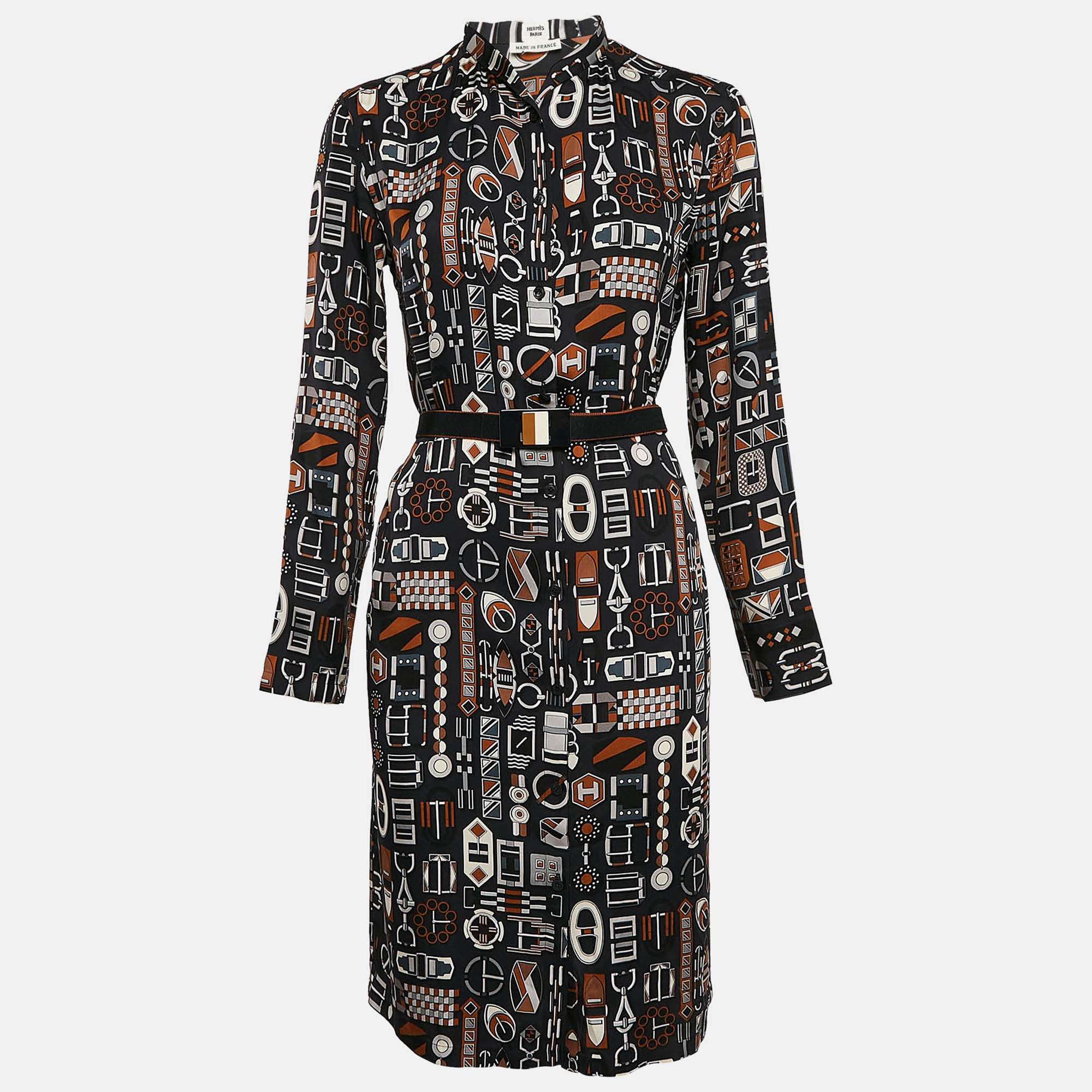 

Hermes Navy Blue Printed Silk Carré en Boucles Shirt Dress M