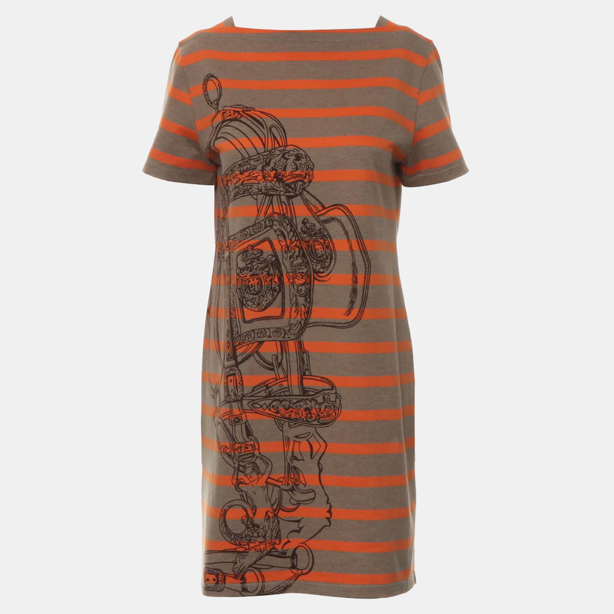 

Hermes Brown, Orange Cotton Stripes Dress FR Women