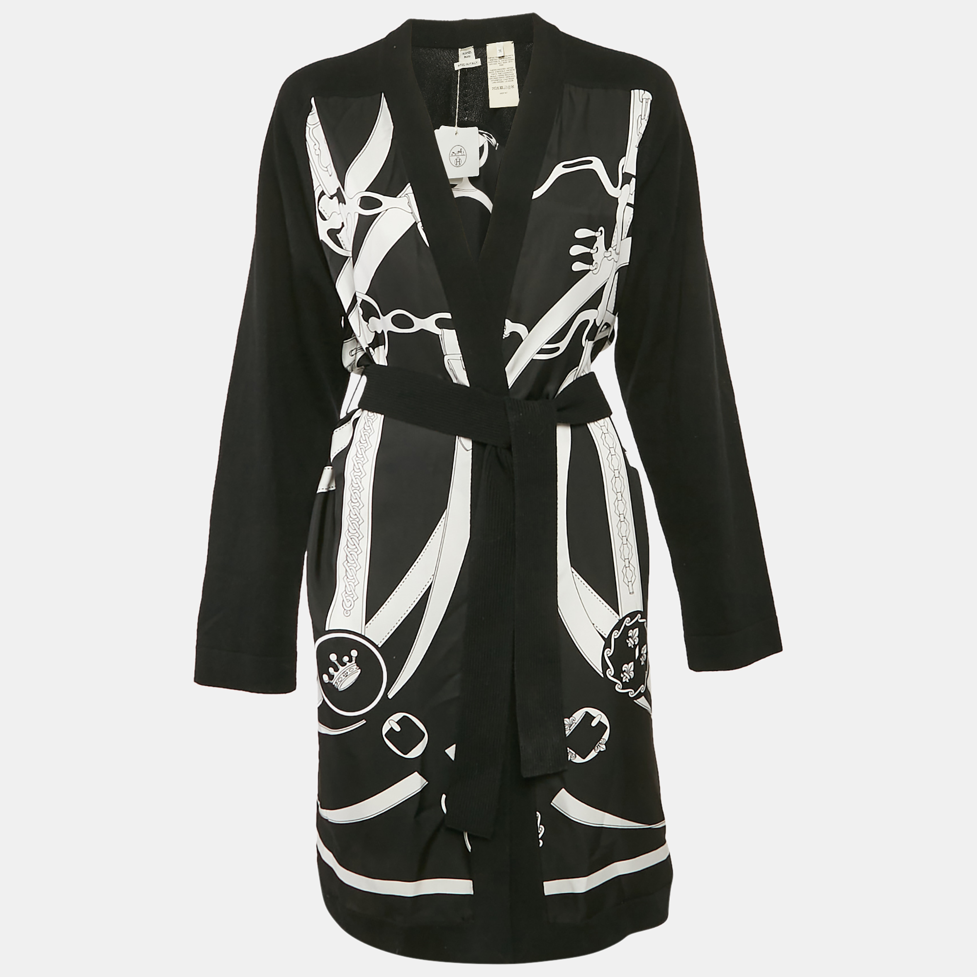 

Hermes Black Promenade du Matin Remix Print Silk and Wool Knit Long Twillaine Cardigan M