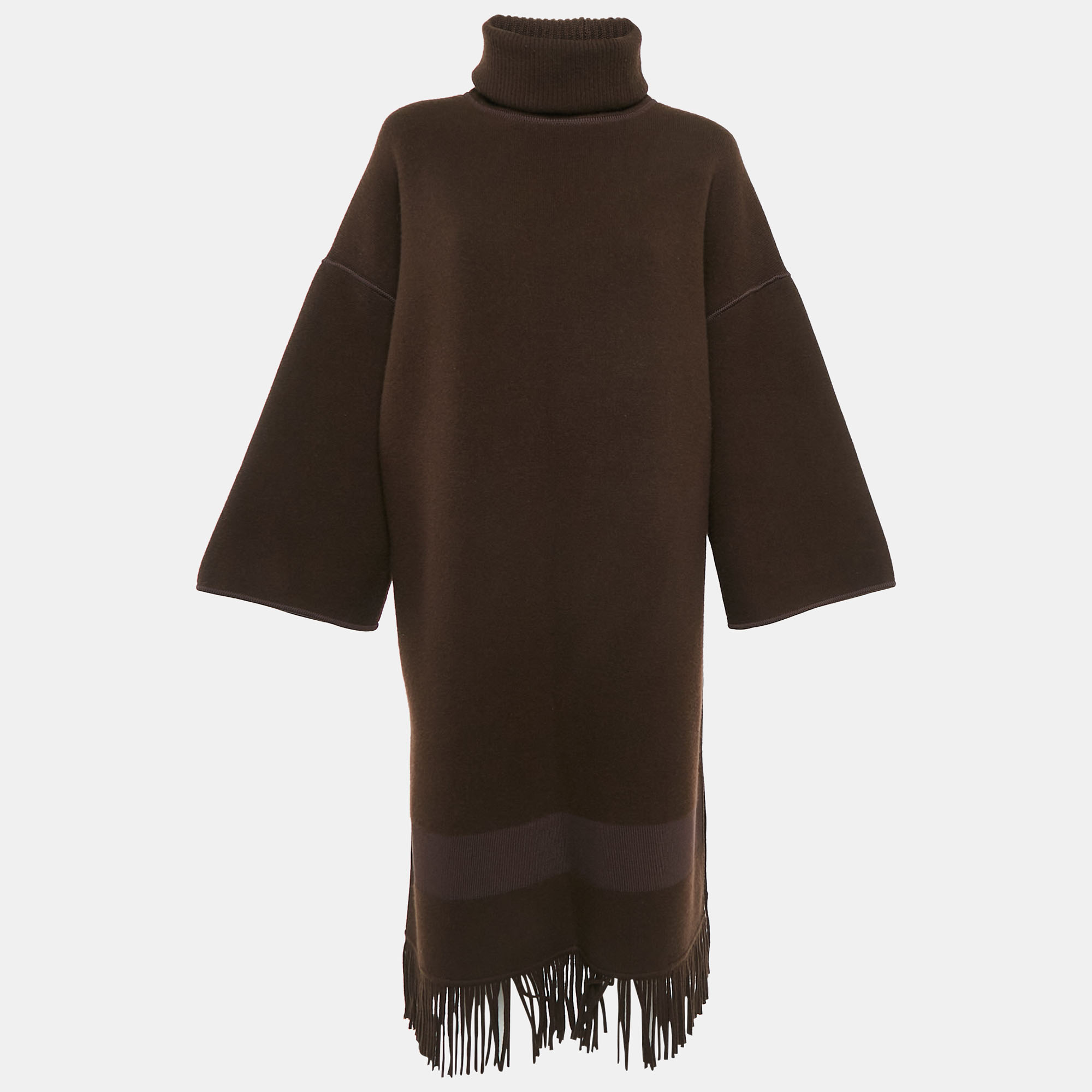 

Hermes Brown Wool Knit Fringed Turtle-Neck Poncho Coat M