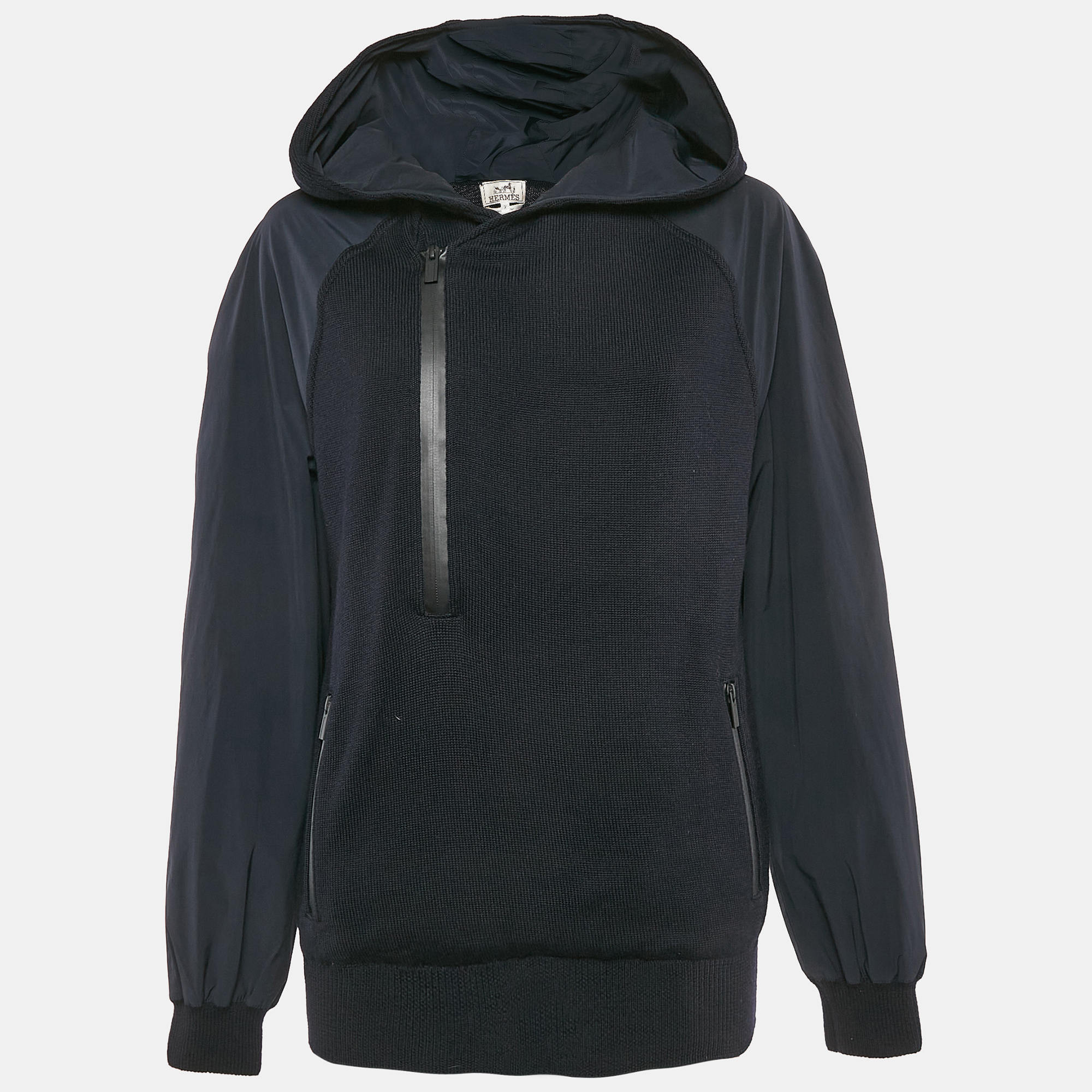 

Hermes Navy Blue Wool Knit and Polyamide Zip-Up Hooded Jacket M