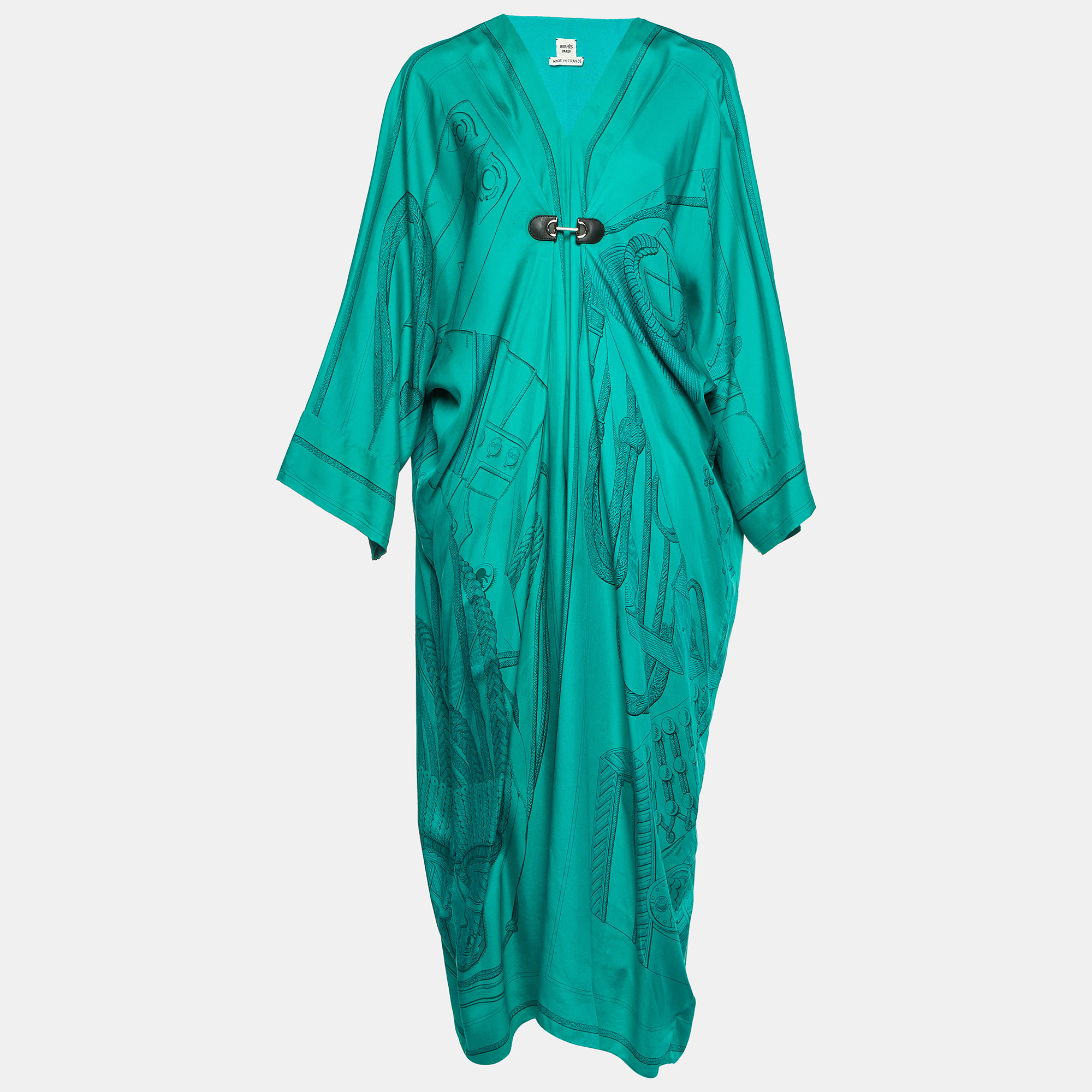 

Hermes Green Printed Silk Gathered Kaftan Dress L