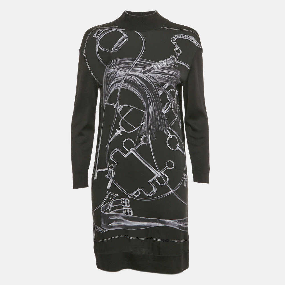 

Hermes Black Printed Silk and Knit Mini Dress S