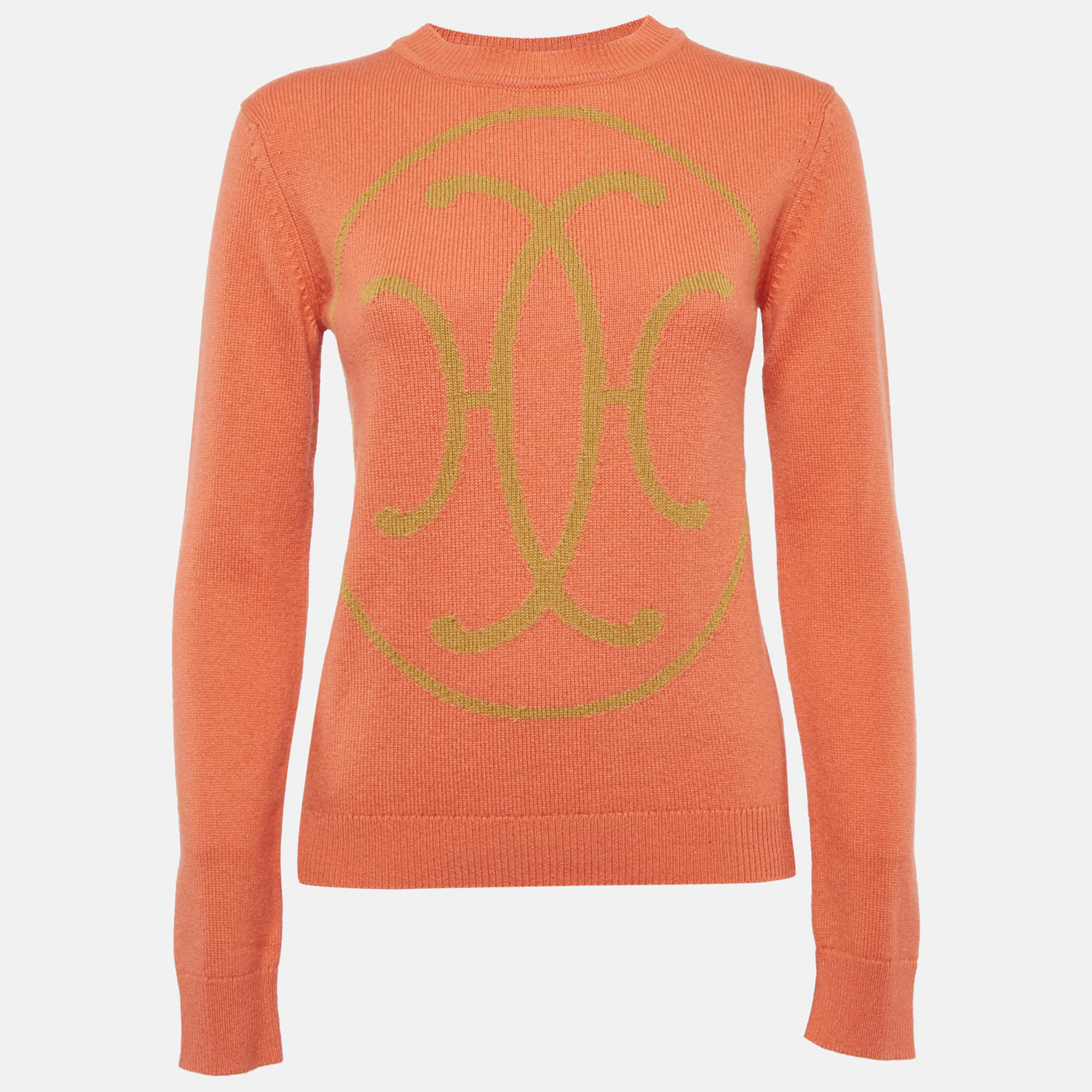 

Hermes Orange Logo Patterned Knit Cashmere Crew Neck Sweater S