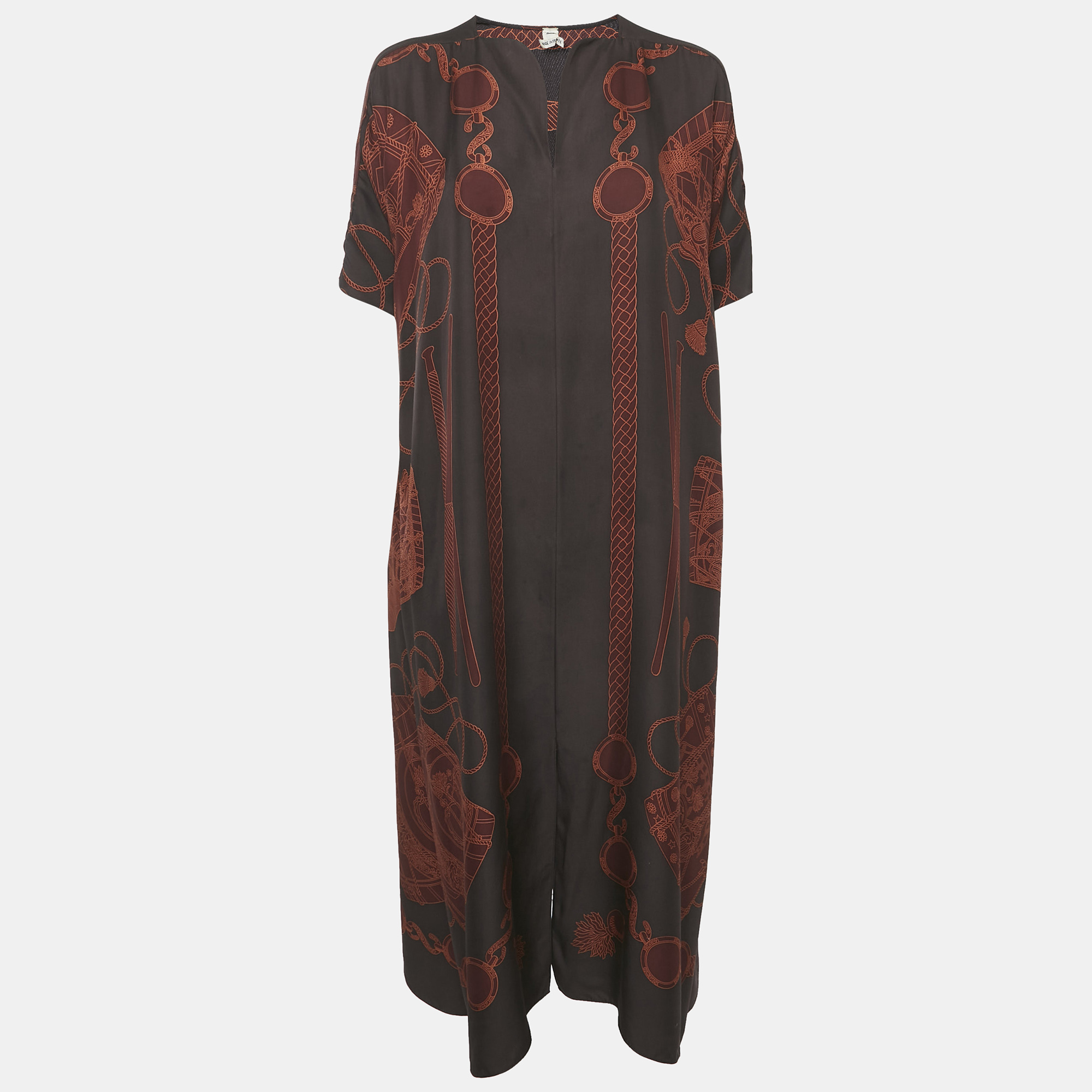 

Hermes Brown Printed Silk Les Tambours Tunic Midi Dress S