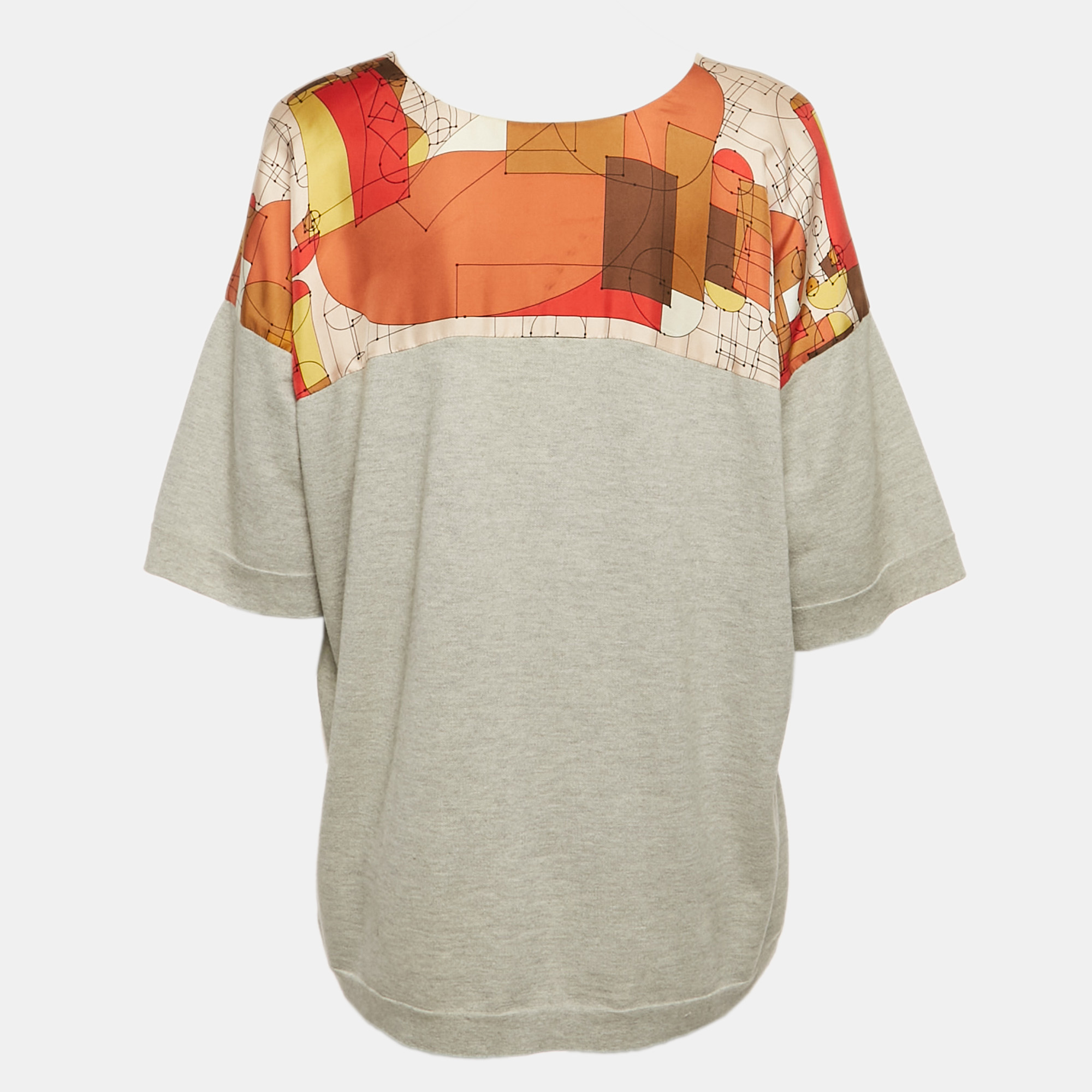 Hermes Grey/Multicolor Geometric Print Silk and Cotton Knit Top S 