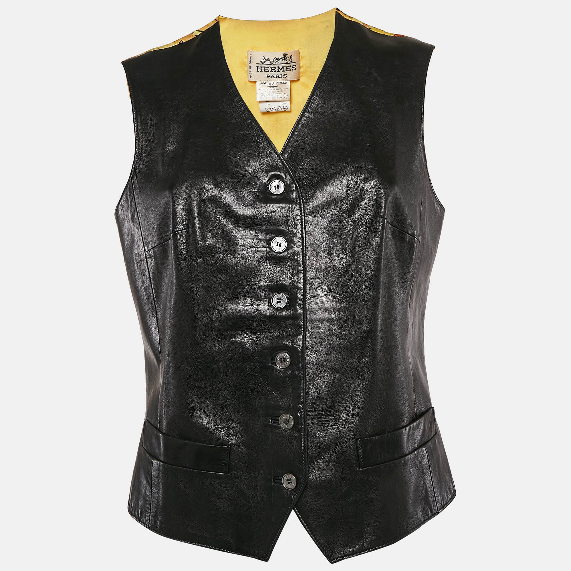 

Hermes Black/Yellow Printed Crepe and Leather Vest L