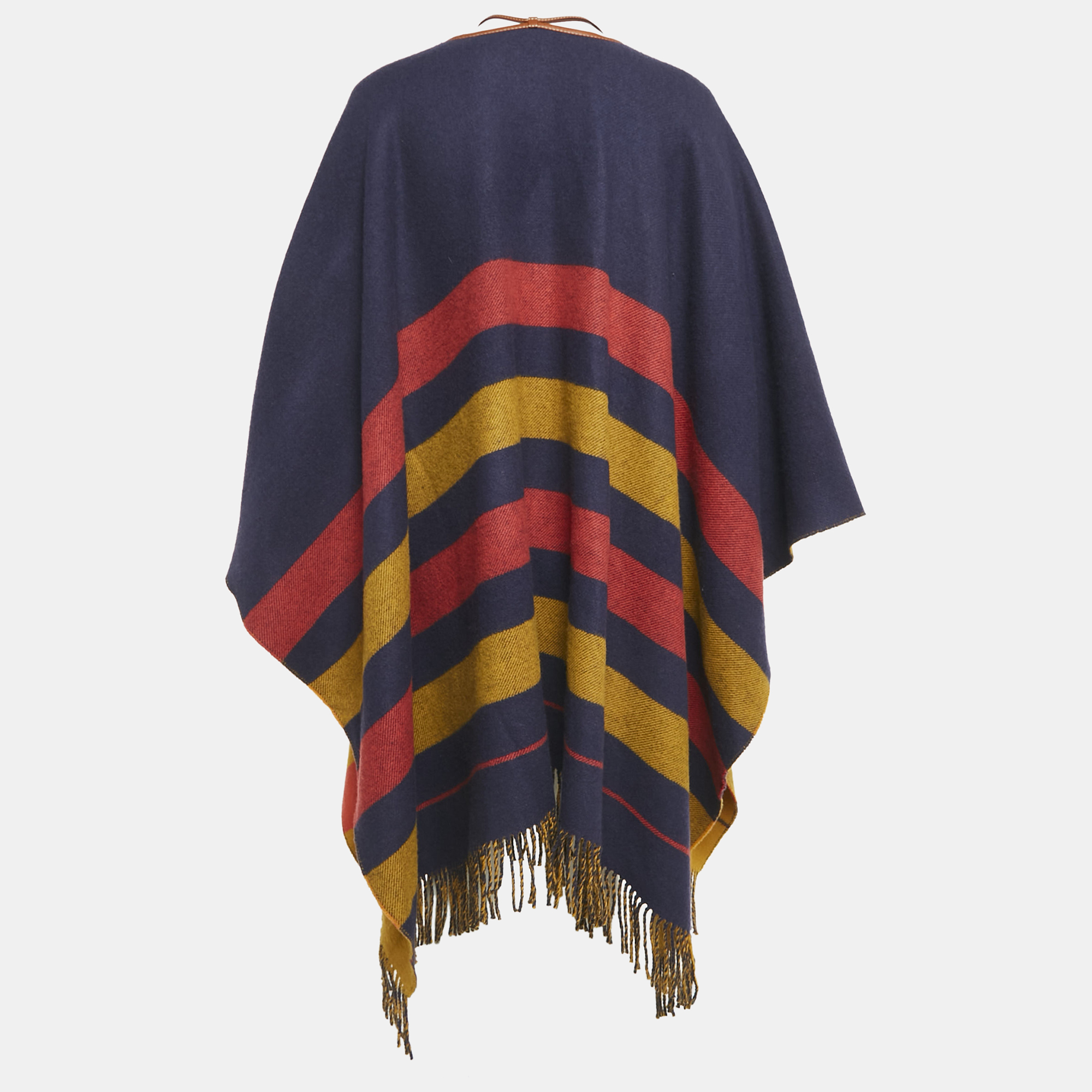 Hermès Blue Checks Leather Trim Wool Fringed Poncho One Side 