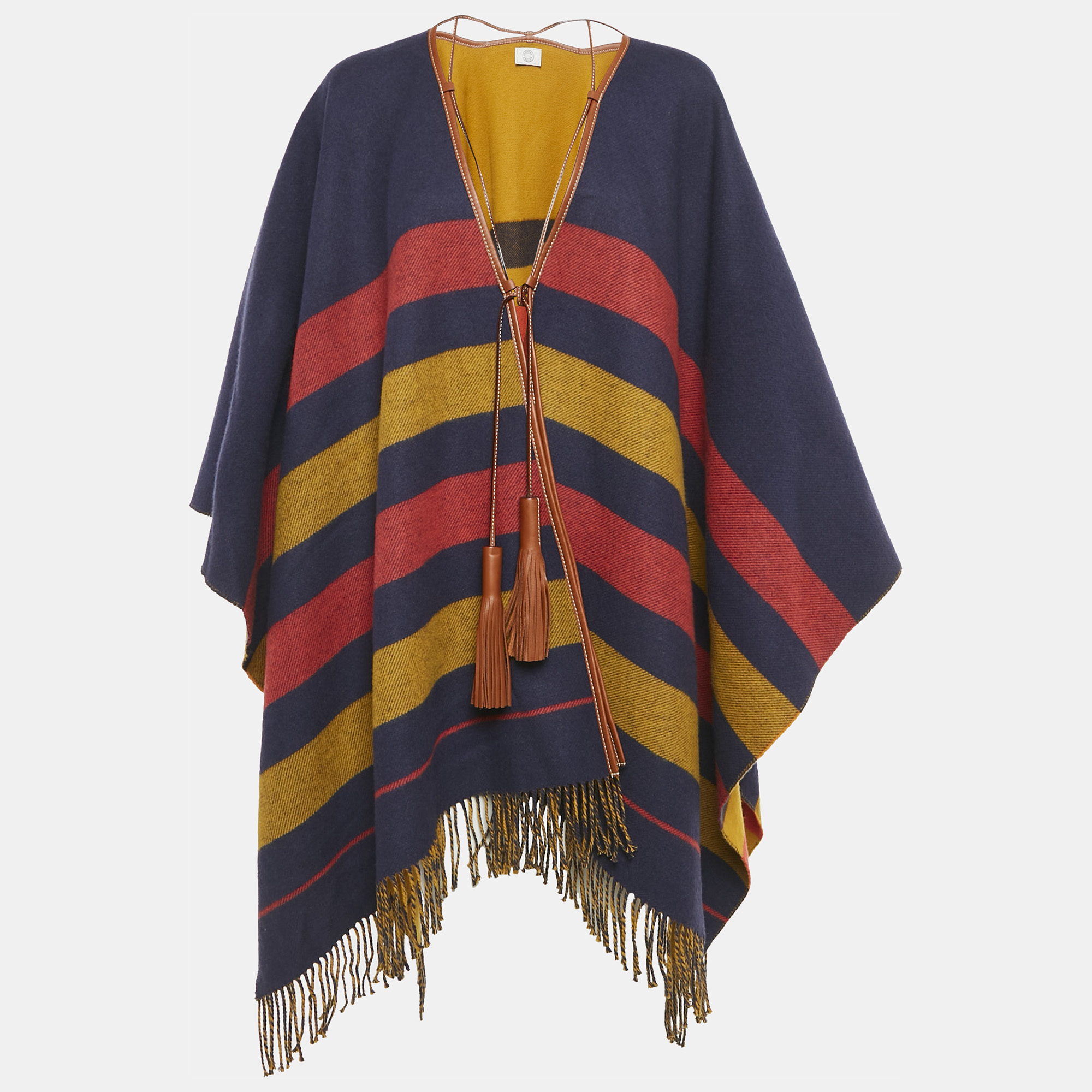 

Hermès Blue Checks Leather Trim Wool Fringed Poncho One Side