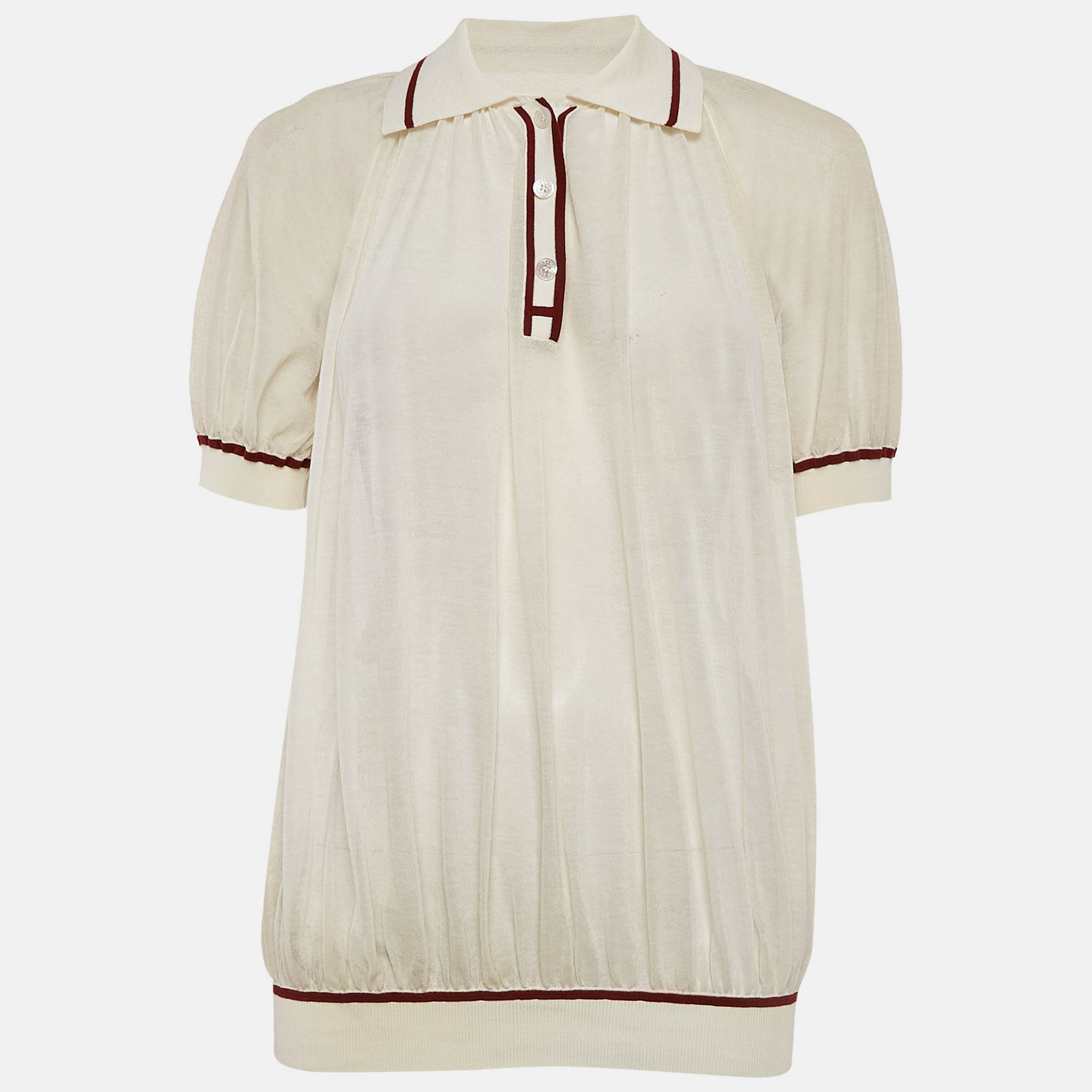 

Hermes White Cotton Knit Sheer Polo Top S