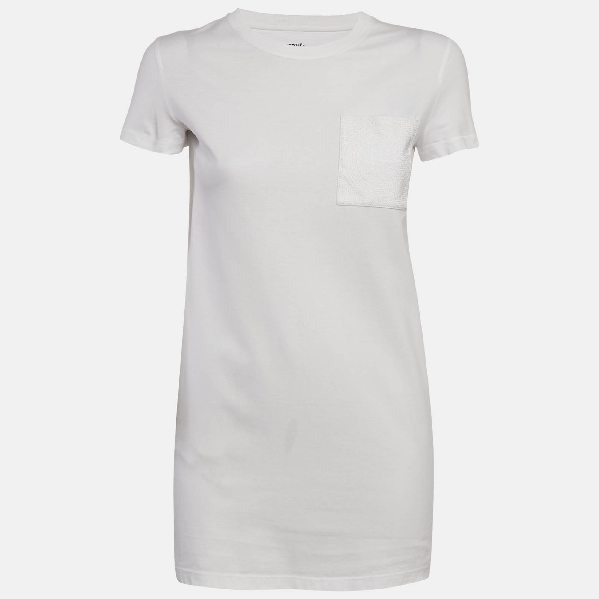 

Hermès White Embroidered Pocket Jersey T-Shirt Dress S