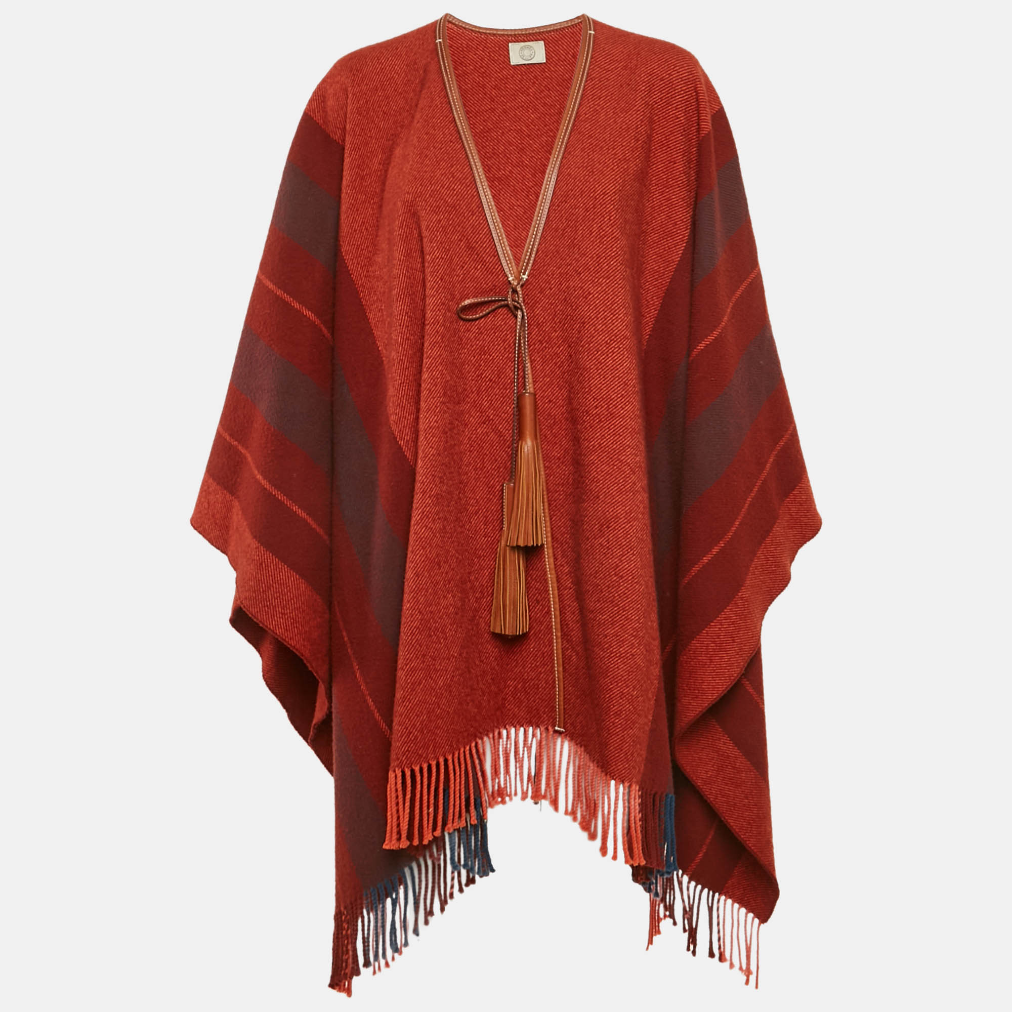 

Hermès Brown Striped Wool and Leather Trim Rocabar Poncho