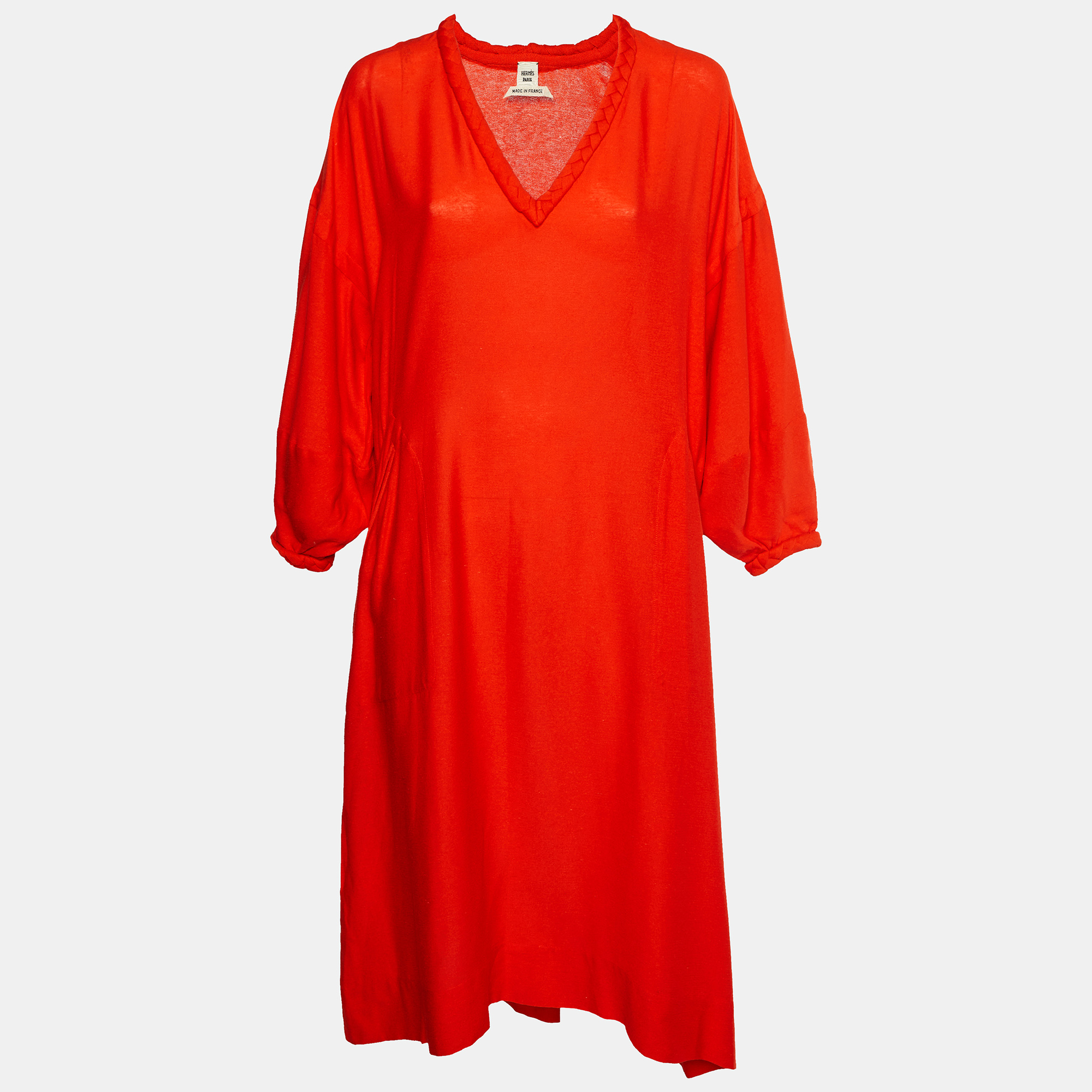 

Hermes Bright Red Silk V-Neck Long Tunic Dress S
