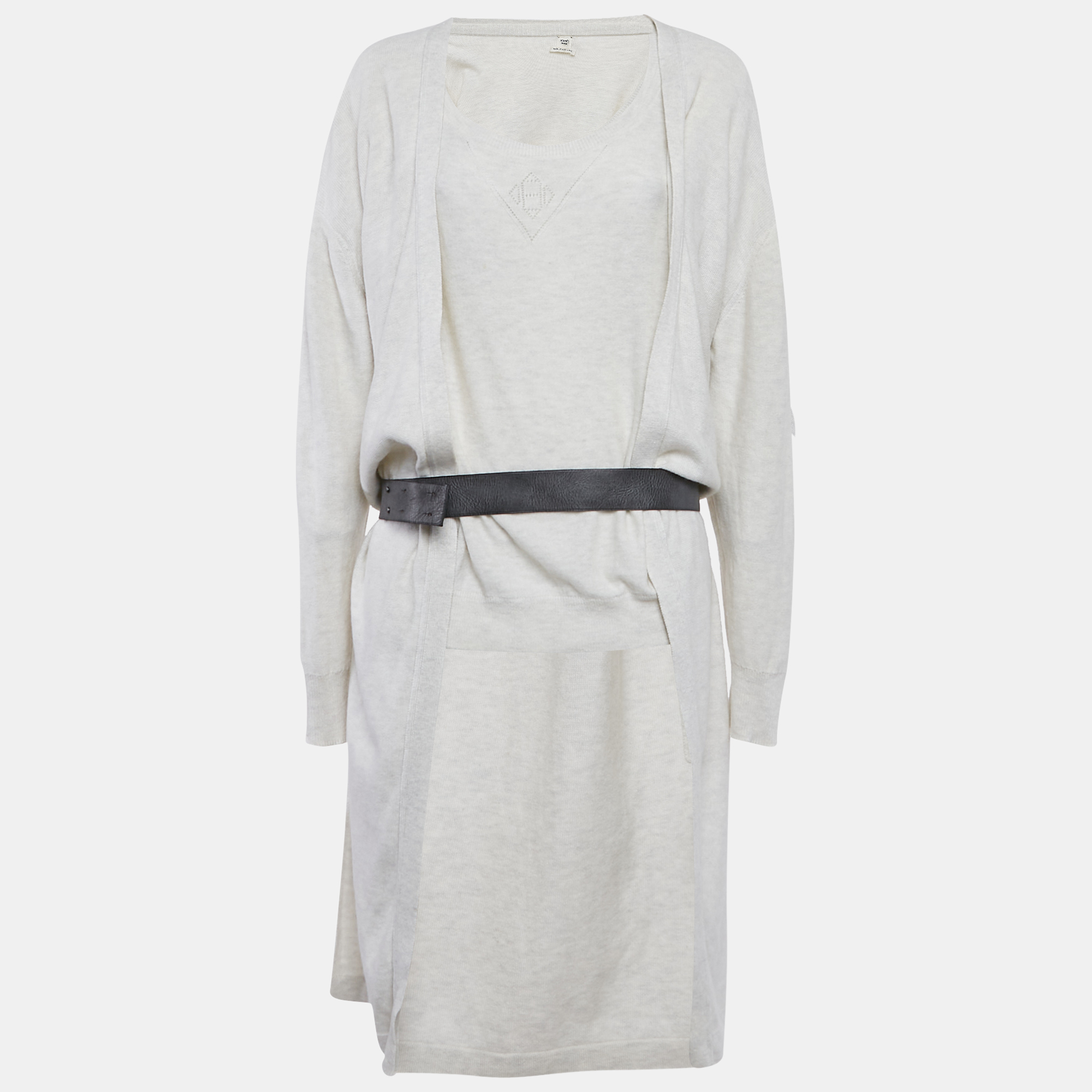 

Hermes Beige Cashmere Knit Leather Trim Cardigan and Jumper Set L