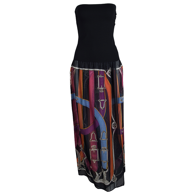Pre Owned Hermes Black Printed Strapless Dress M