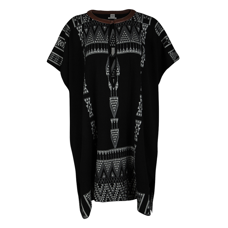 Hermes Black Aztec Pattern Cashmere and Wool Leather Trim Oversized Tunic S 