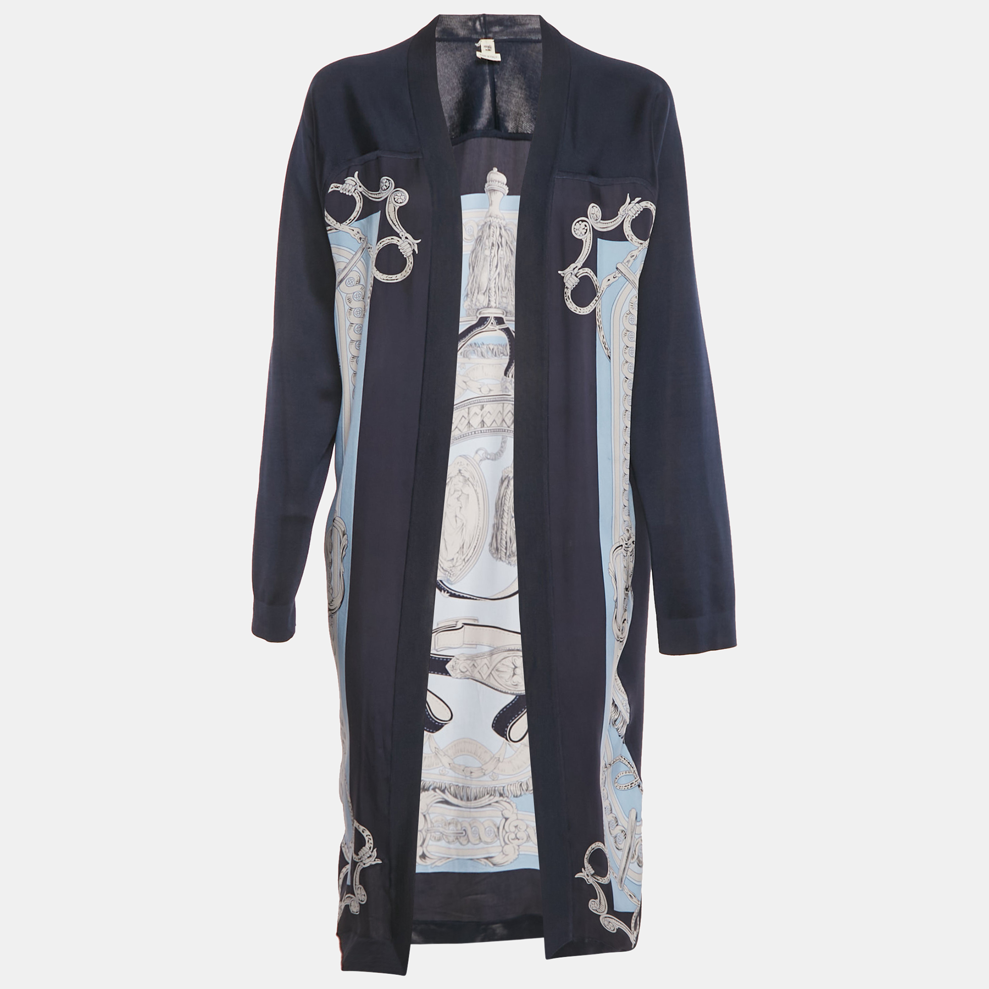 

Hermes Navy Blue Printed Silk and Silk Knit Open Front Cardigan XL