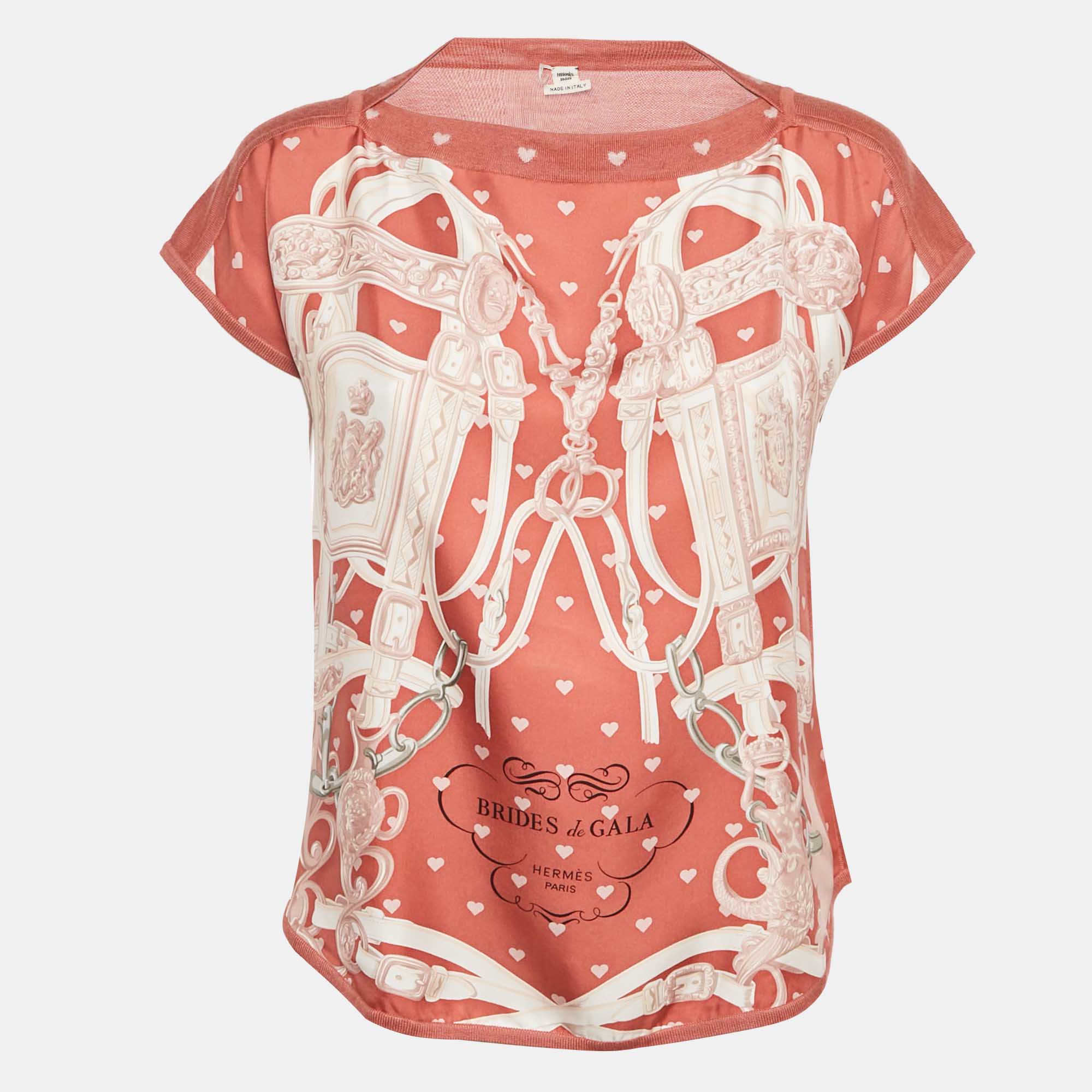 

Hermès Pink Printed Silk and Knit Brides de Gala T-Shirt S