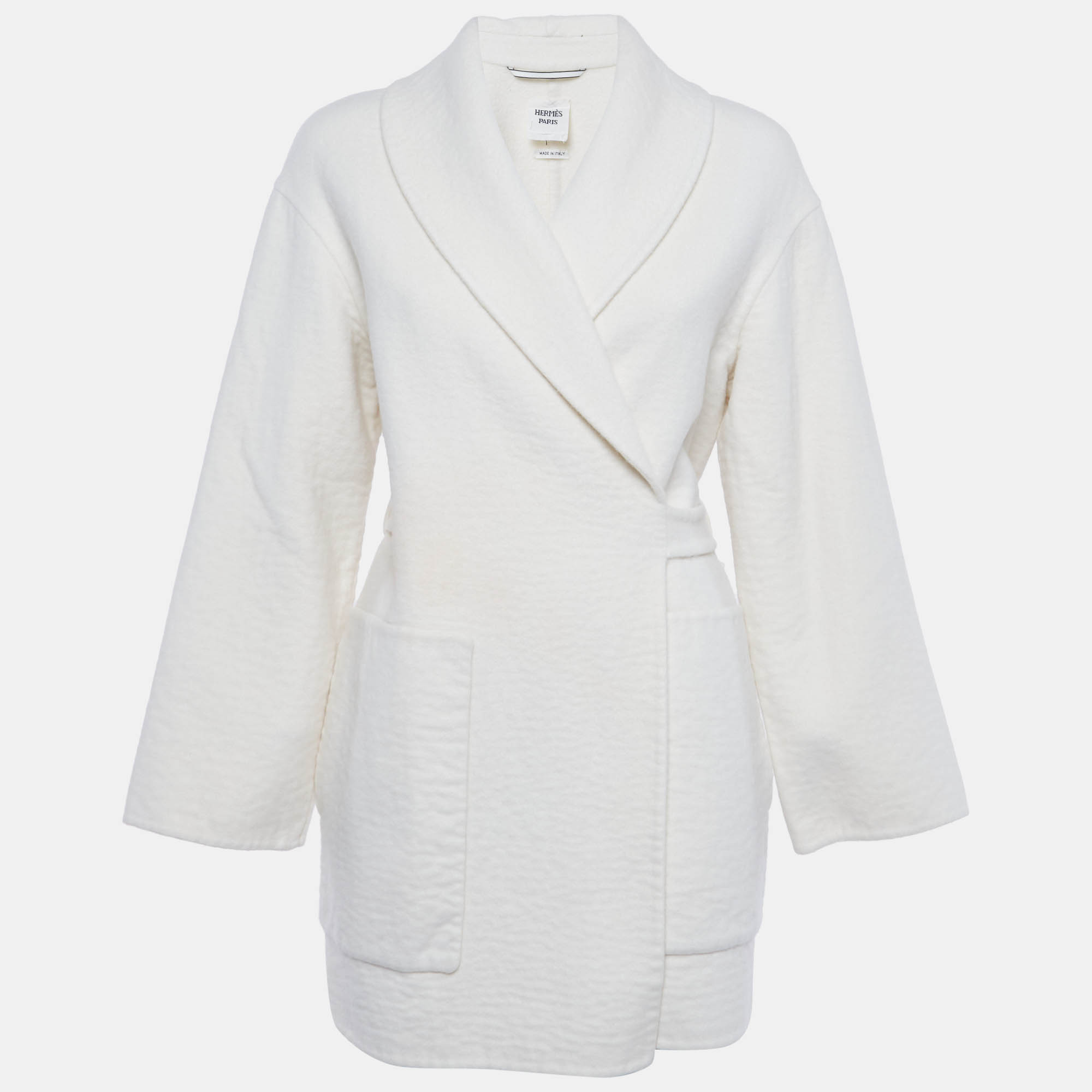 

Hermes White Cashmere Wrap Over Mid Length Coat M