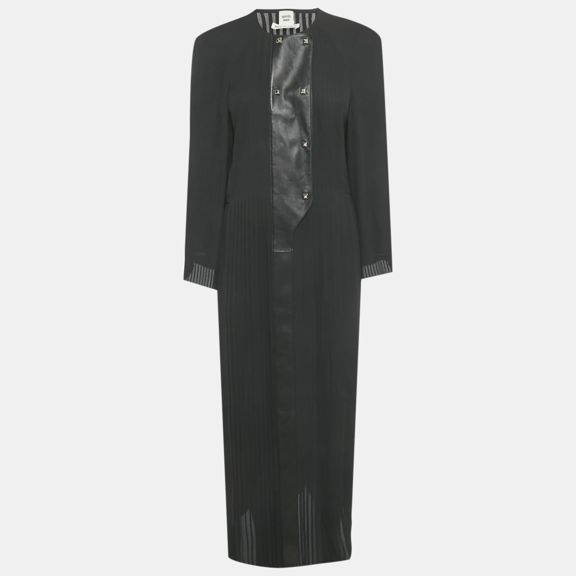 

Hermes Black Plisse & Leather Trim Midi Dress M