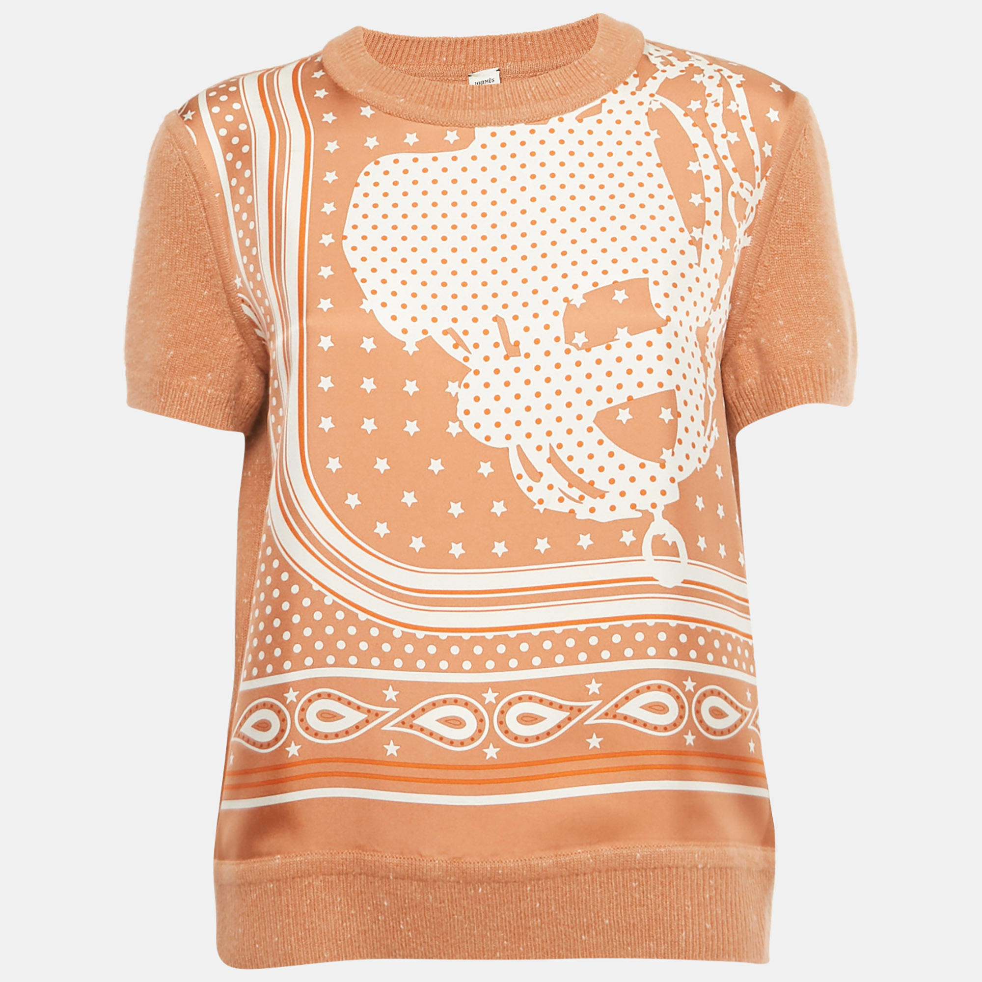 

Hermès Brown Printed Silk and Knit Crew Neck Top L