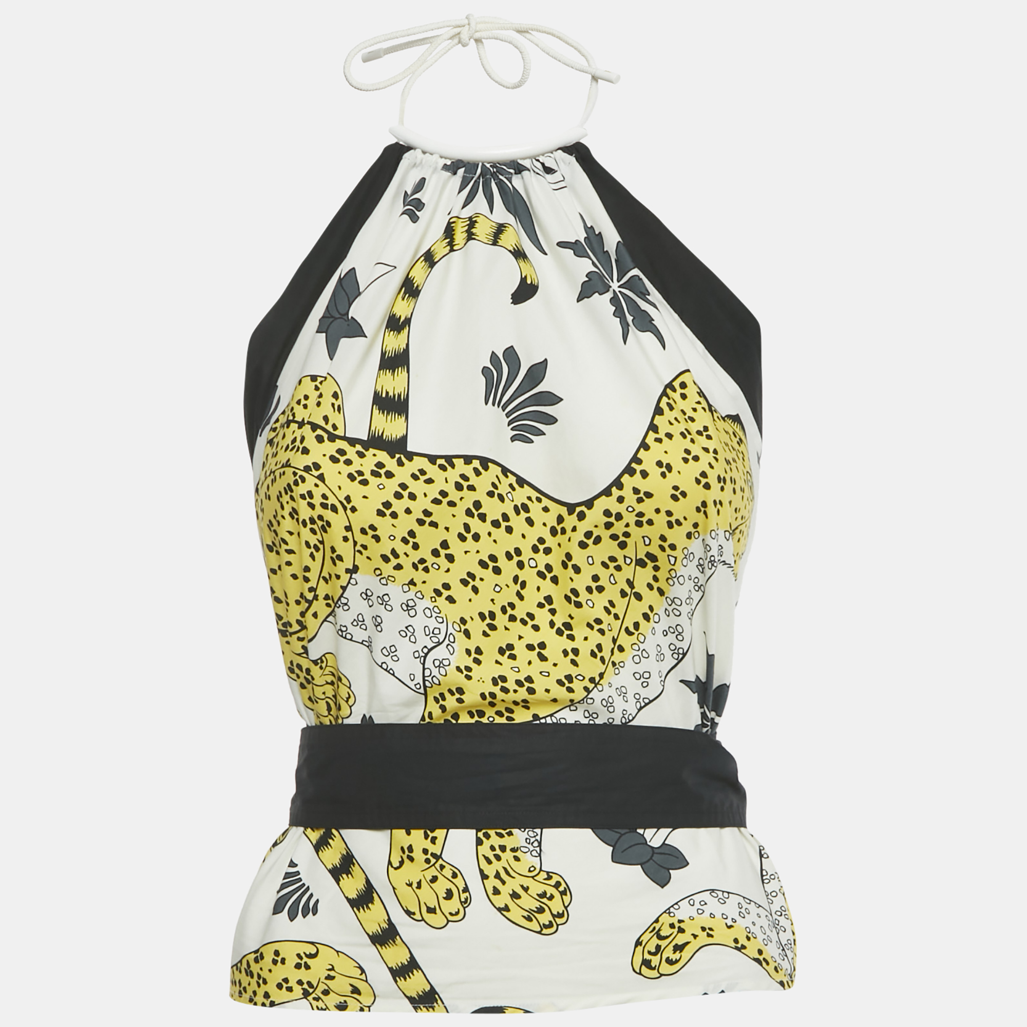 

Hermes White/Yellow Leopard Print Cotton Halter Neck Scarf Top M