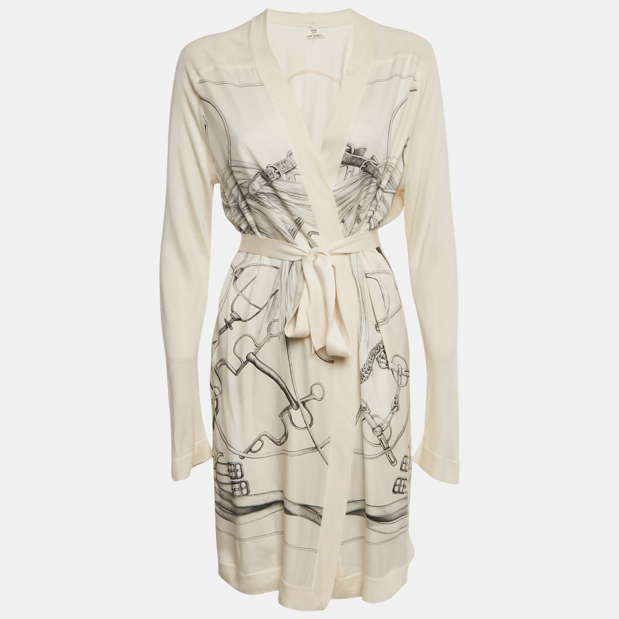 

Hermes Navy Beige Printed Silk and Knit Open Front Cardigan M, Cream