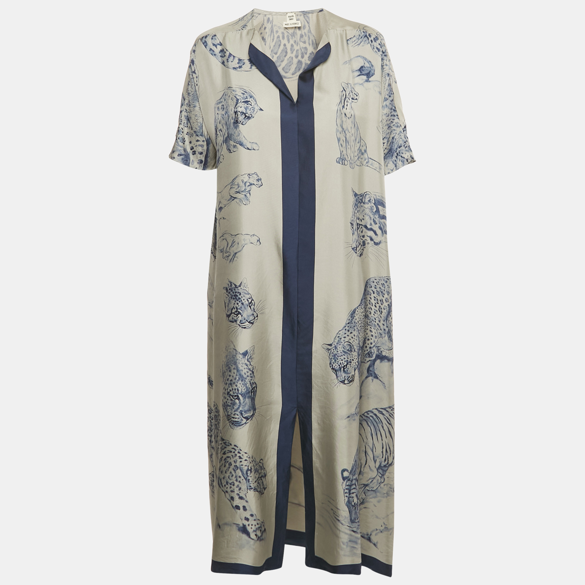 

Hermes Grey/Navy Blue Printed Silk Kimmo Midi Dress M