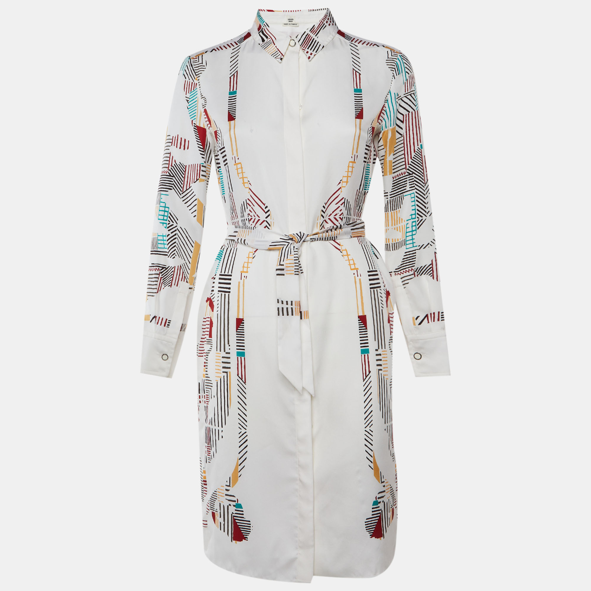 

Hermes Ivory Cavalcadour Morning Print Silk Shirt Dress S, White