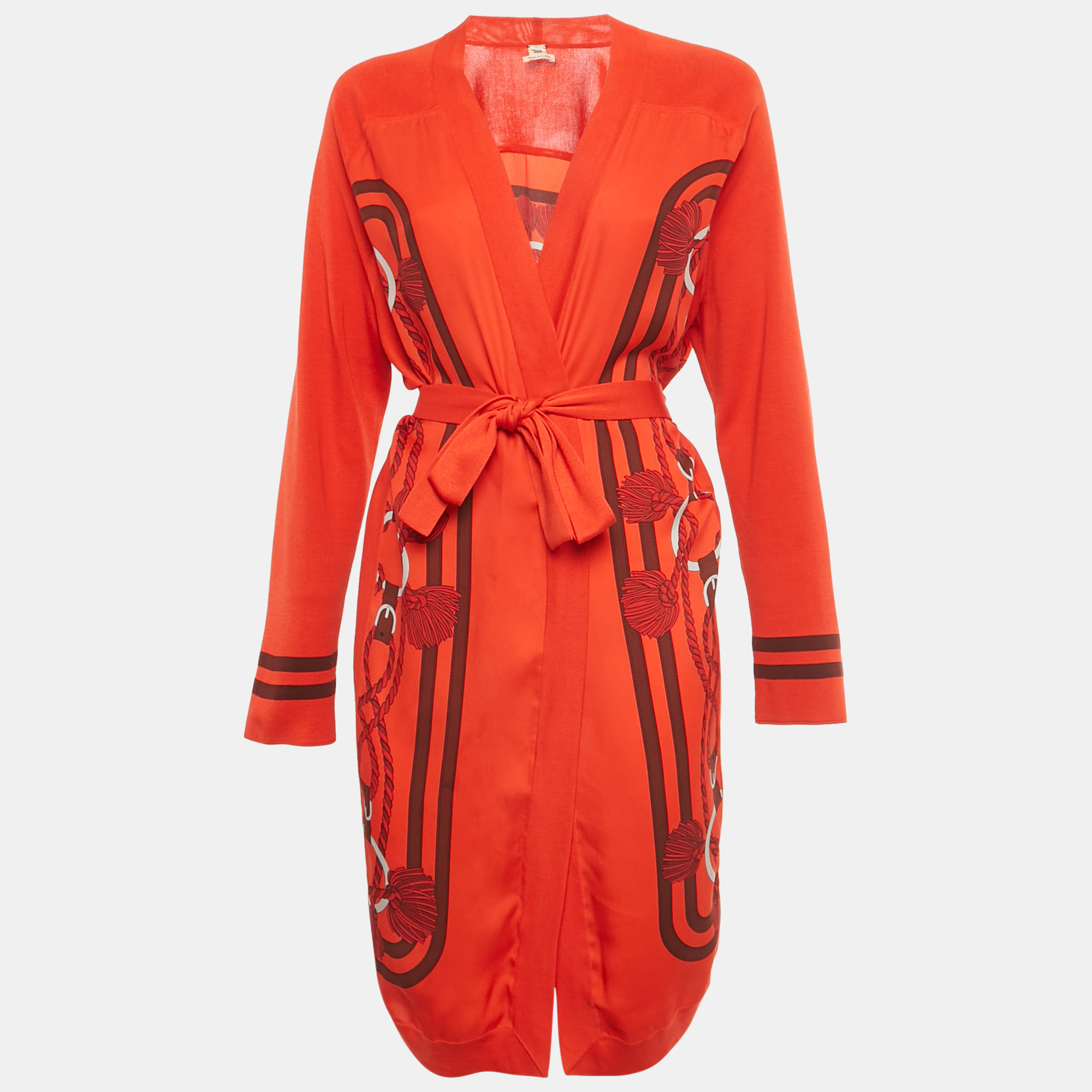 

Hermès Red Printed Silk and Knit Belted Cardigan L