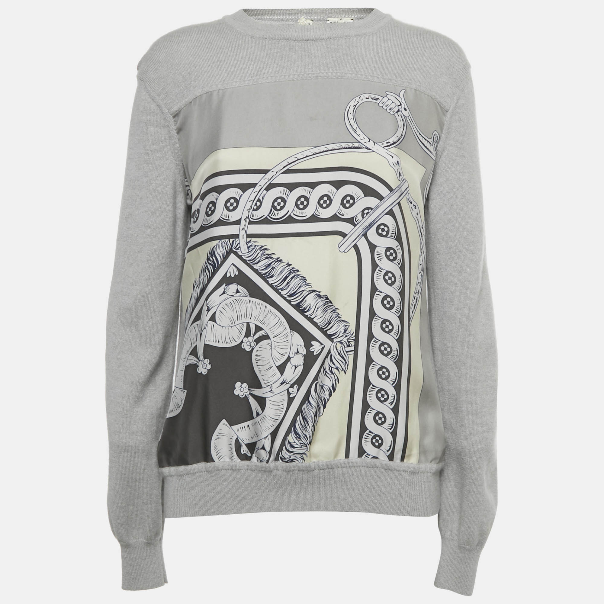 Click to view more detailed imagery on our partner's website Pre-owned Hermes Grey Print Silk And Cashmere Crewneck Sweatshirt M In Gray