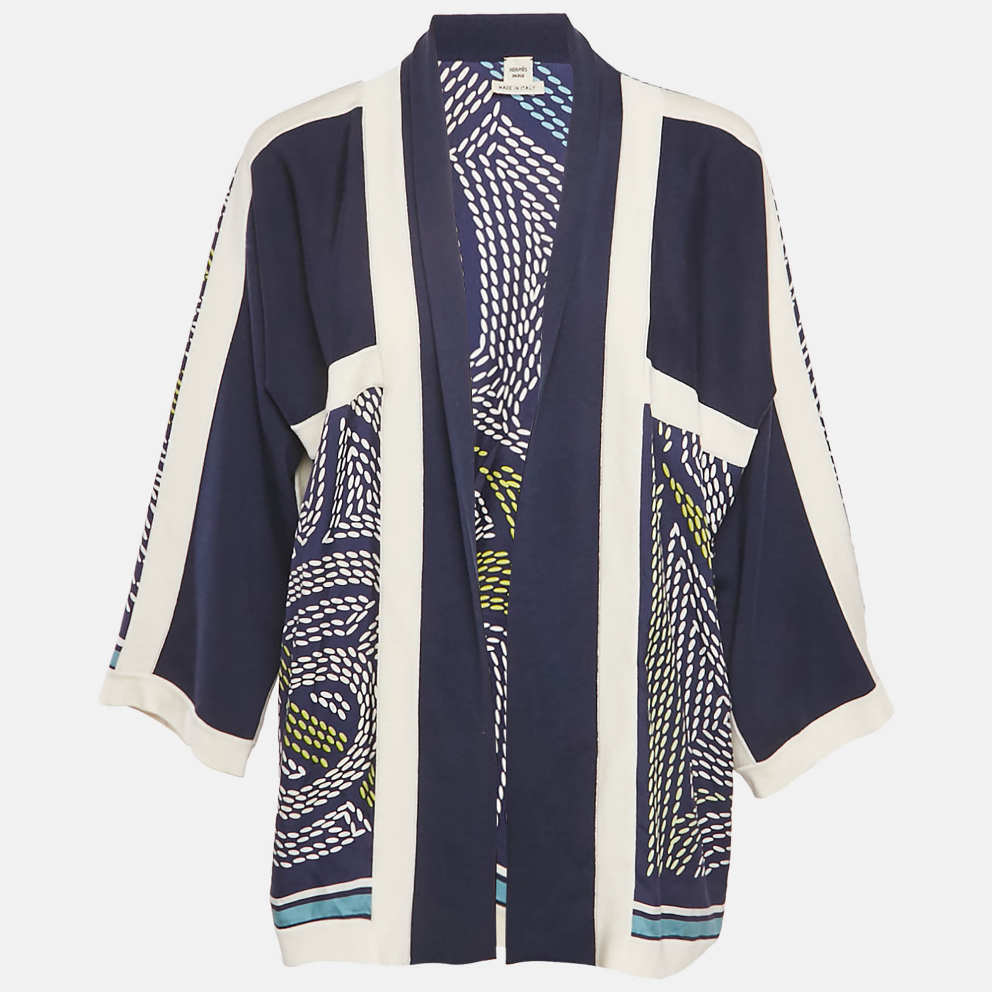 

Hermes Navy Blue Printed Silk & Knit Open Shrug M