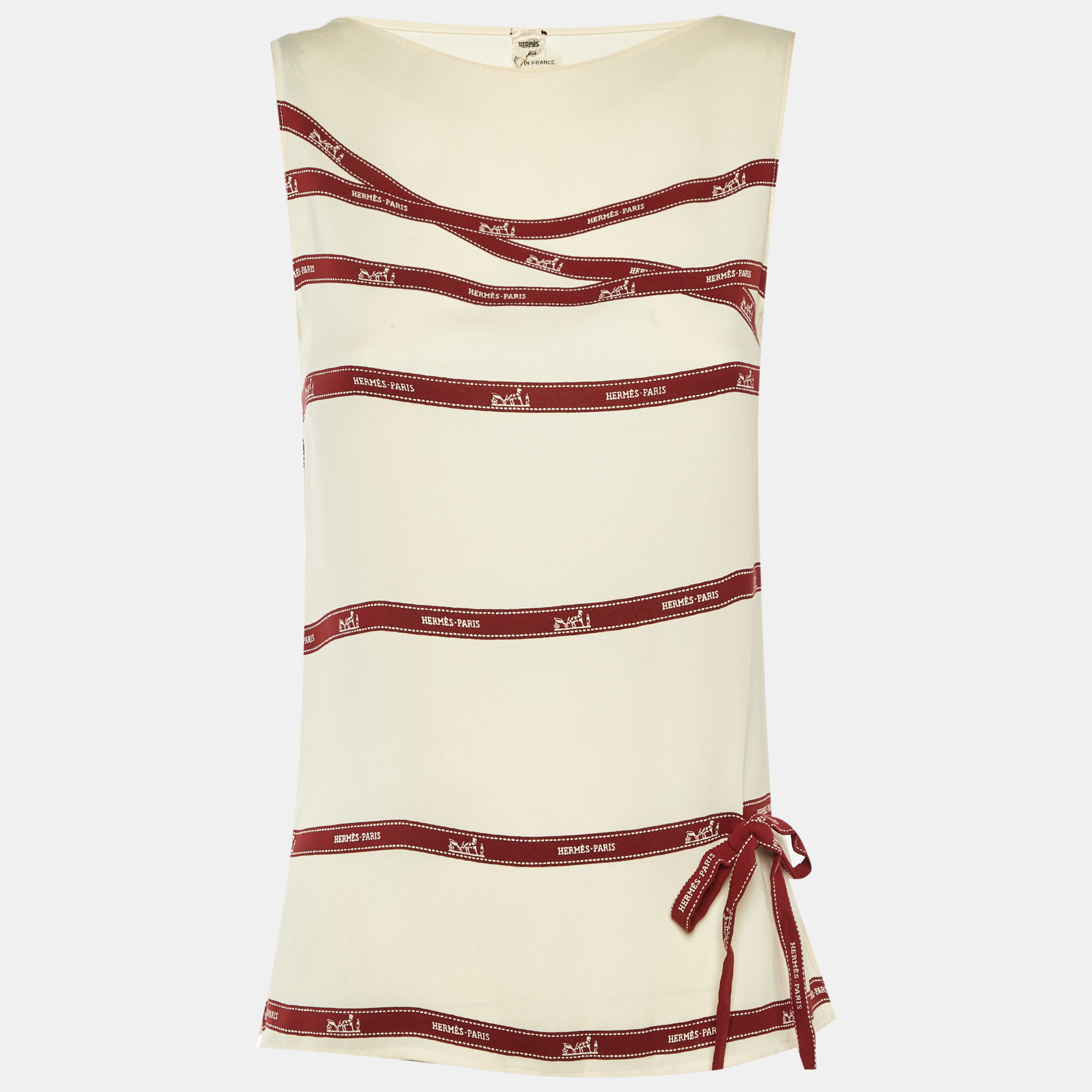 

Hermes Cream Bolduc Ribbon Print Silk Sleeveless Top S