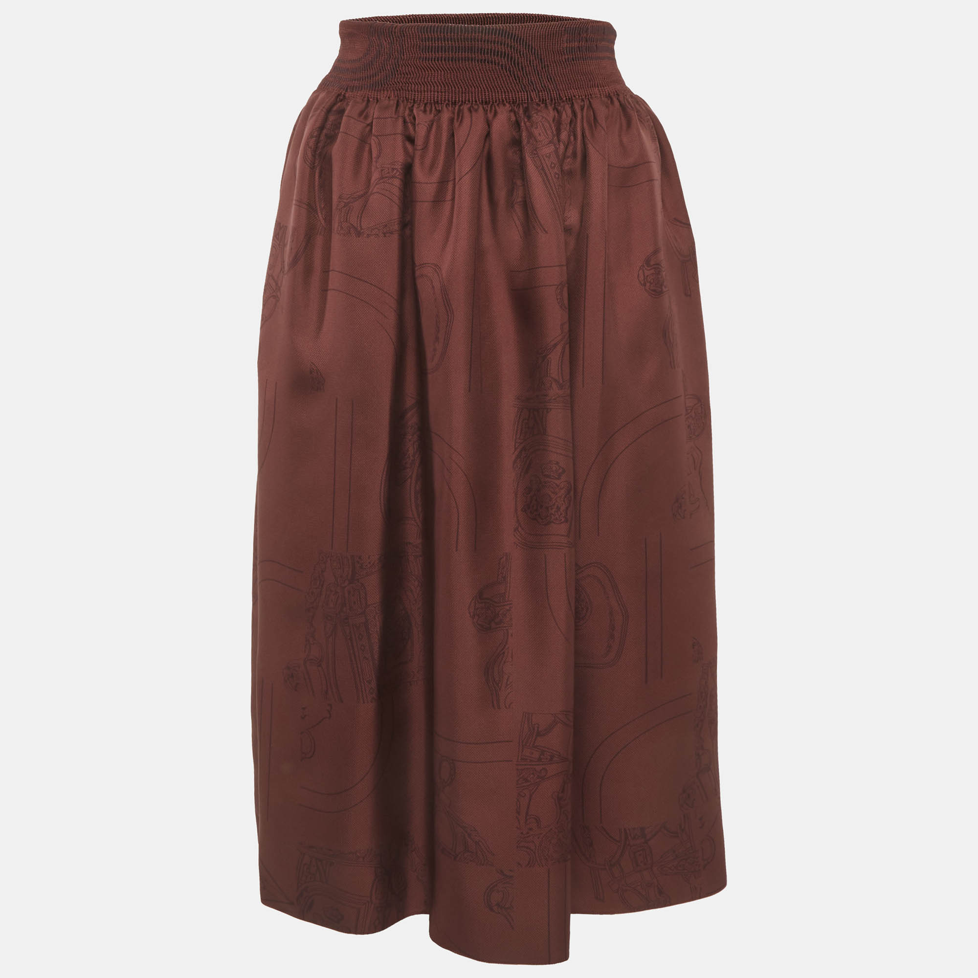 

Hermes Brown Printed Silk En Desordre Finesse Midi Skirt S