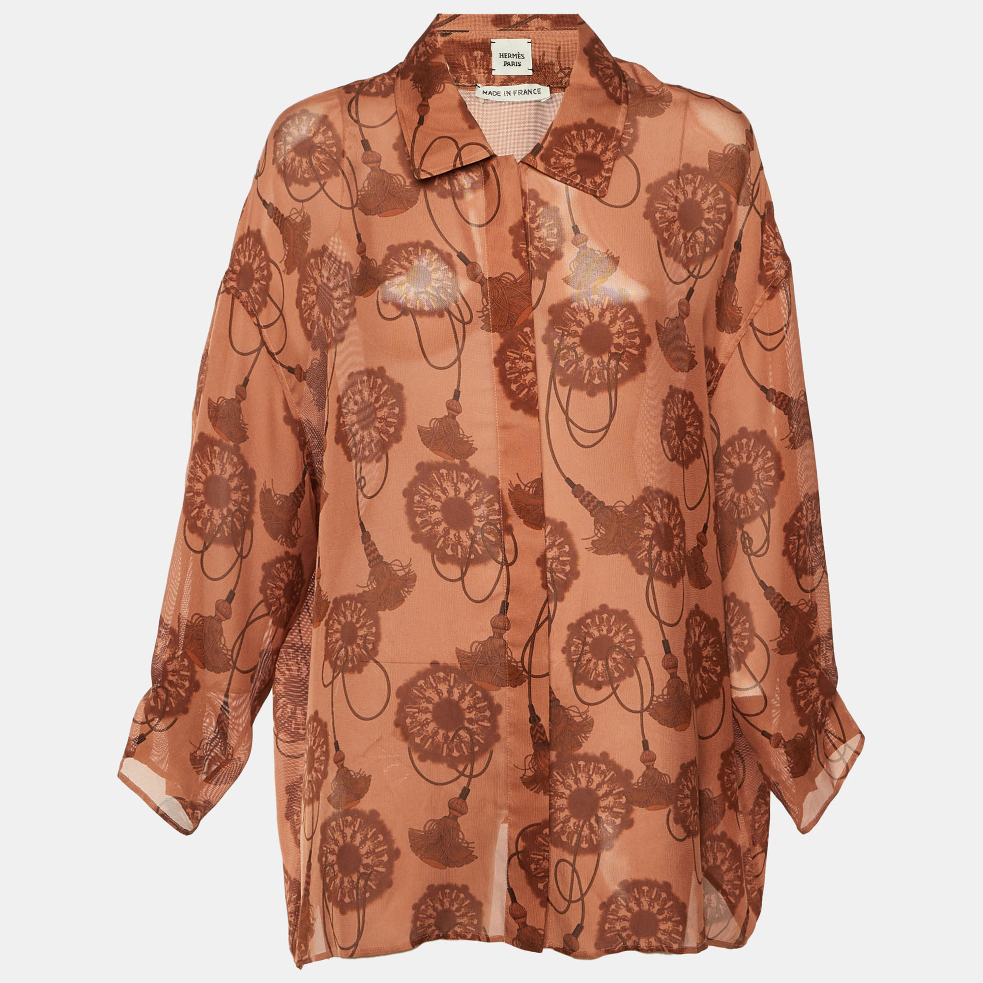 

Hermes Brown Cliquetis Aquarelle Silk Sheer Wide Shirt L