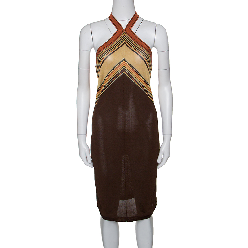 Hermes Brown Knit Striped Bodice Detail Halter Dress M