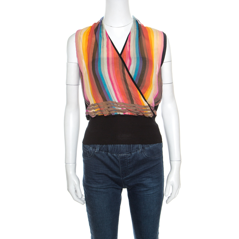 Hermes Multicolor Striped Silk Faux Wrap Front Sleeveless Top M