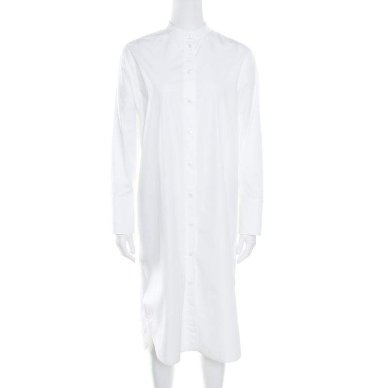 Pre Owned Hermes White Cotton Button Front Shirt Dress S