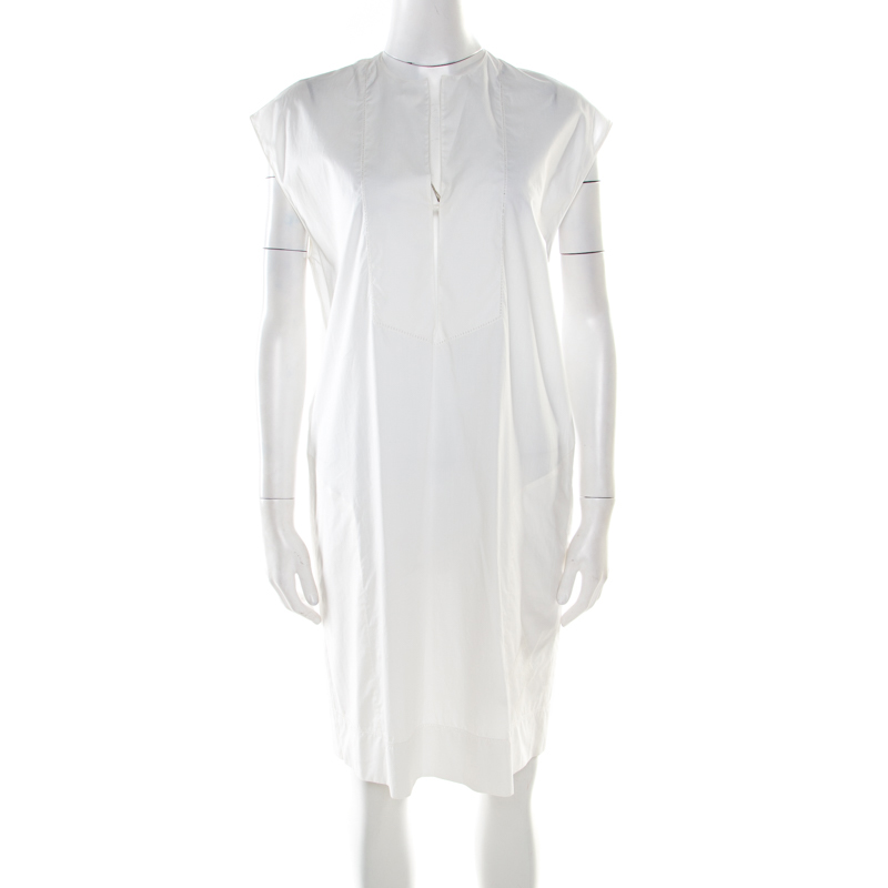 مملوكة مسبقًا Hermes Off White Cotton Embroidered Pocket Detail Sleeveless Tunic Dress M