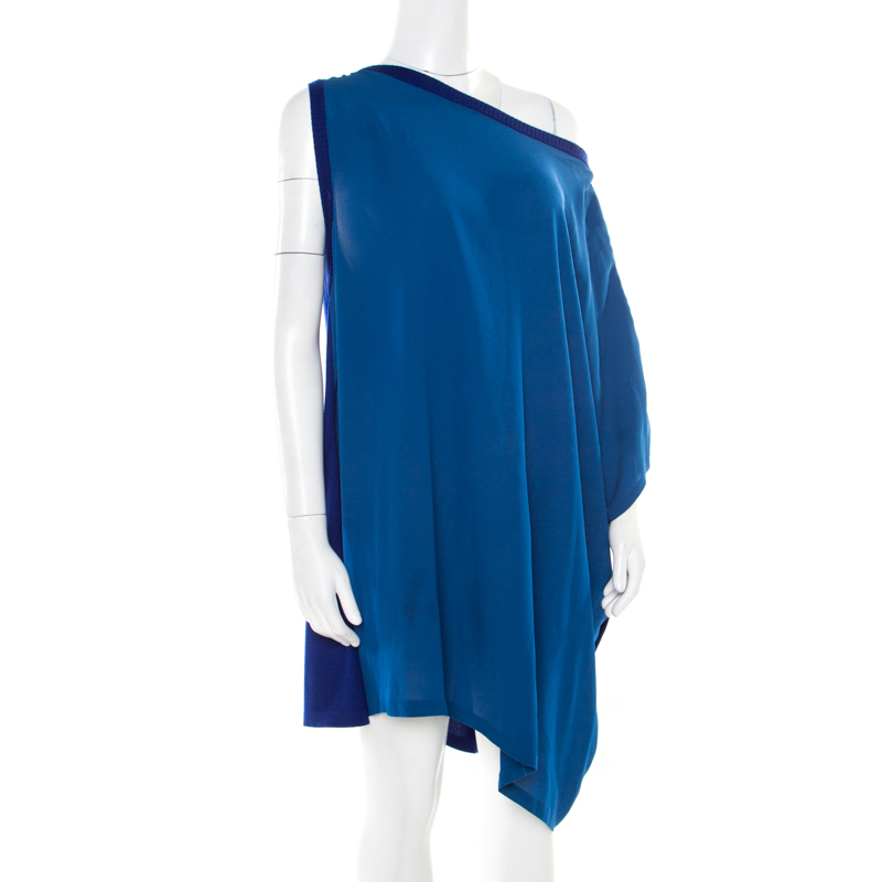 

Hermes Vintage Blue Silk and Cashmere Paneled Asymmetric Sleeve Mini Dress