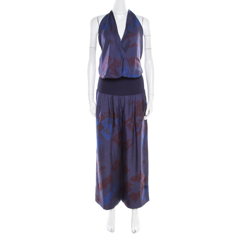 Hermes Dark Blue Pavois Flag Print Silk Halter Top and Trousers Set M