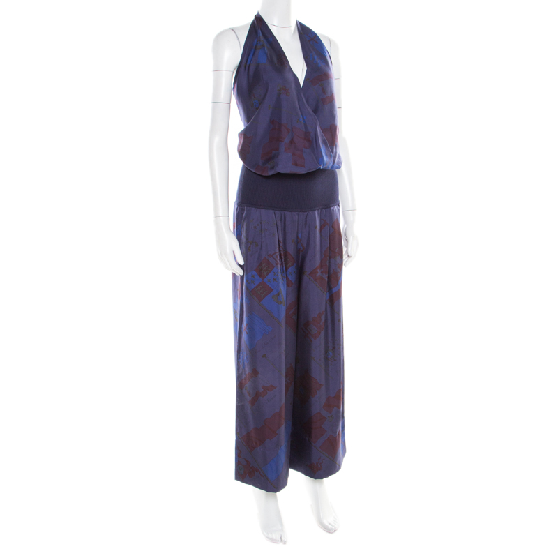

Hermes Dark Blue Pavois Flag Print Silk Halter Top and Trousers Set, Navy blue