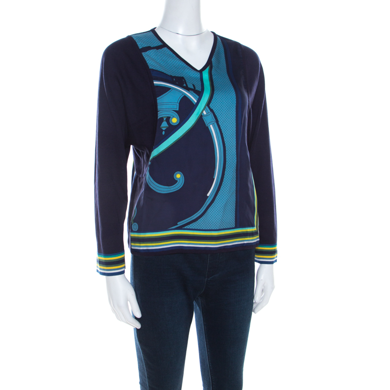 

Hermes Navy Blue Printed Cotton Silk Long Sleeve Sweater Top
