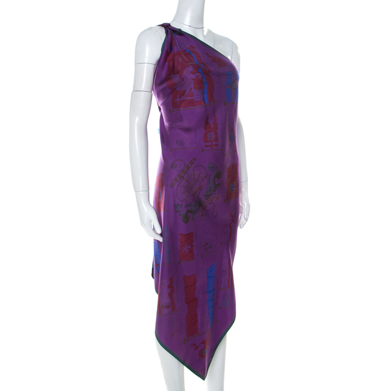 

Hermes Purple Flag Print Silk One Shoulder Pavois Scarf Maxi Dress