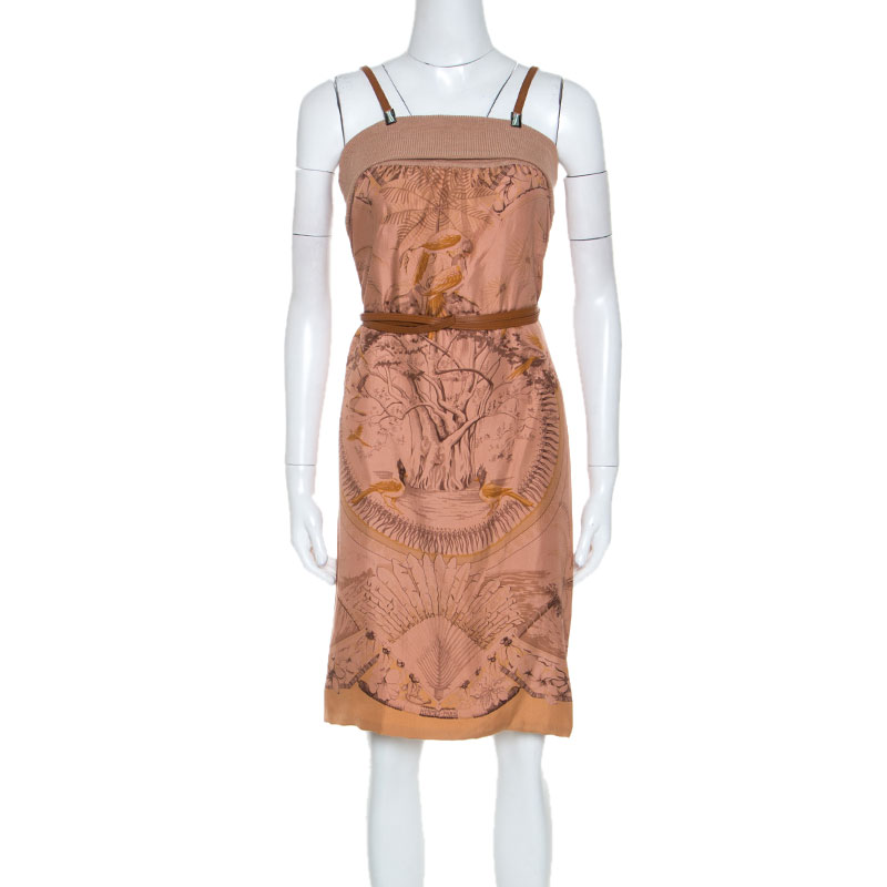 Hermes Terracotta Orange Silk Detachable Strap Detail Fauna Dress S